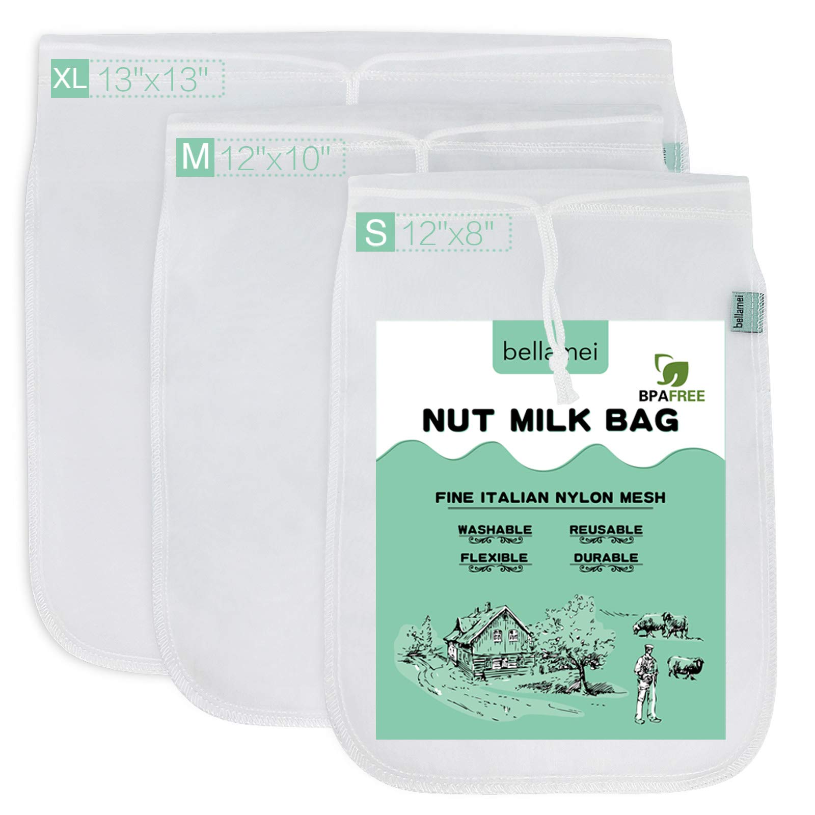 Reusable Nut Milk Bag 3 Pack - Fine Nylon Mesh Strainer for Almond Milk, Soy Milk, Greek Yogurt, Cold Brew Coffee, Tea & Beer - 8