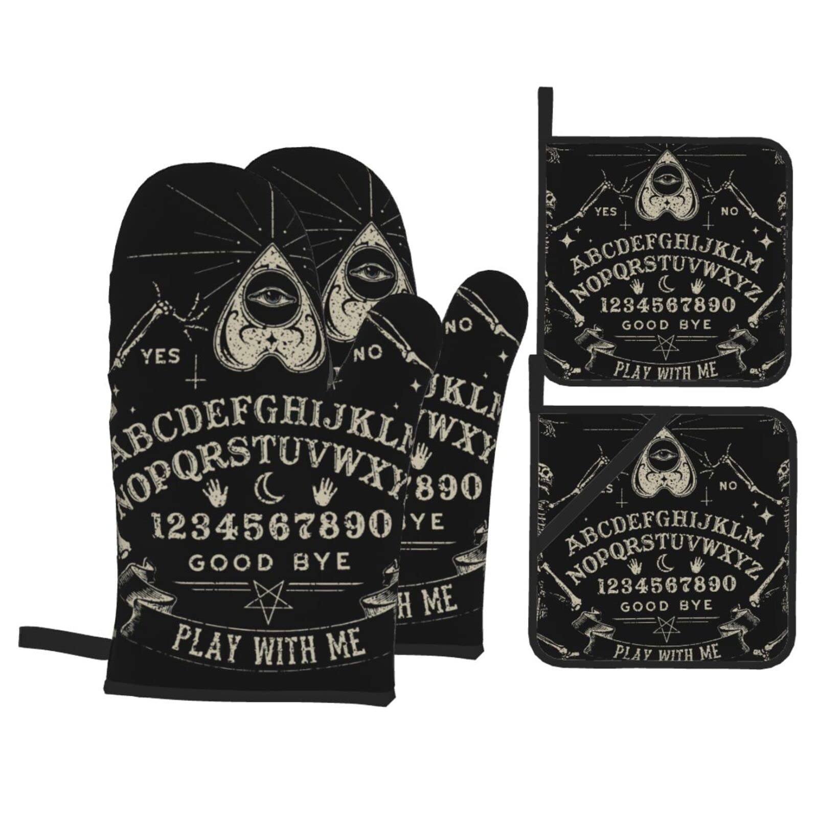 Funny Witch Ouija Board Dancing Skeleton Oven Mitts & Pot Holders - 4-Piece Heat Resistant Silicone Cooking Gloves Set for Kitchen, Baking, BBQ & Grilling - Perfect Halloween Kitchen Accessories & Gifts