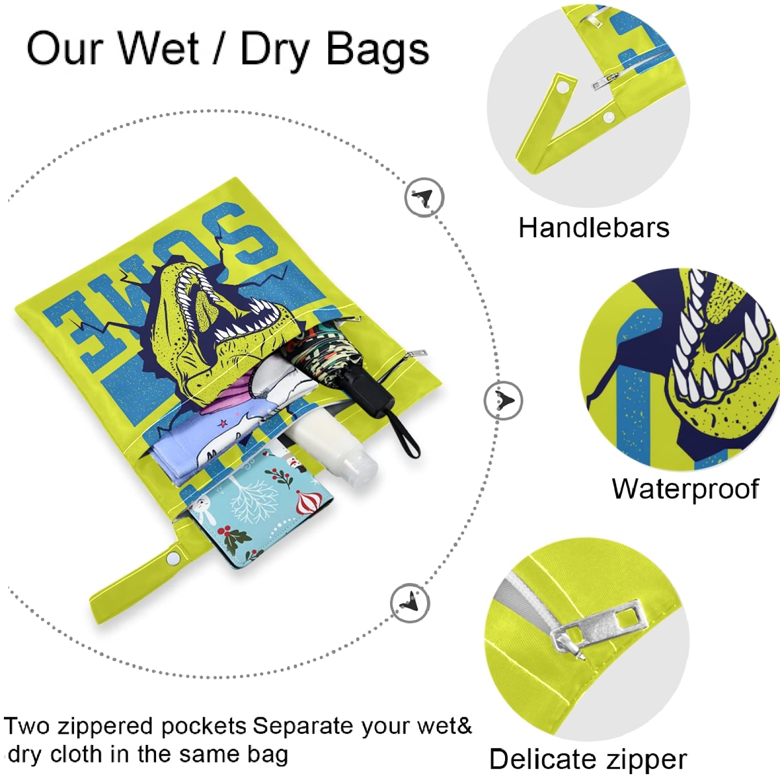 Visesunny 2-Pack Cartoon Dinosaur Wet Bags with Zipper Pockets - Reusable & Washable Waterproof Storage for Swimsuits, Diapers, Gym Clothes - Perfect for Travel, Beach, Pool, Daycare, Stroller & Toiletries Organization