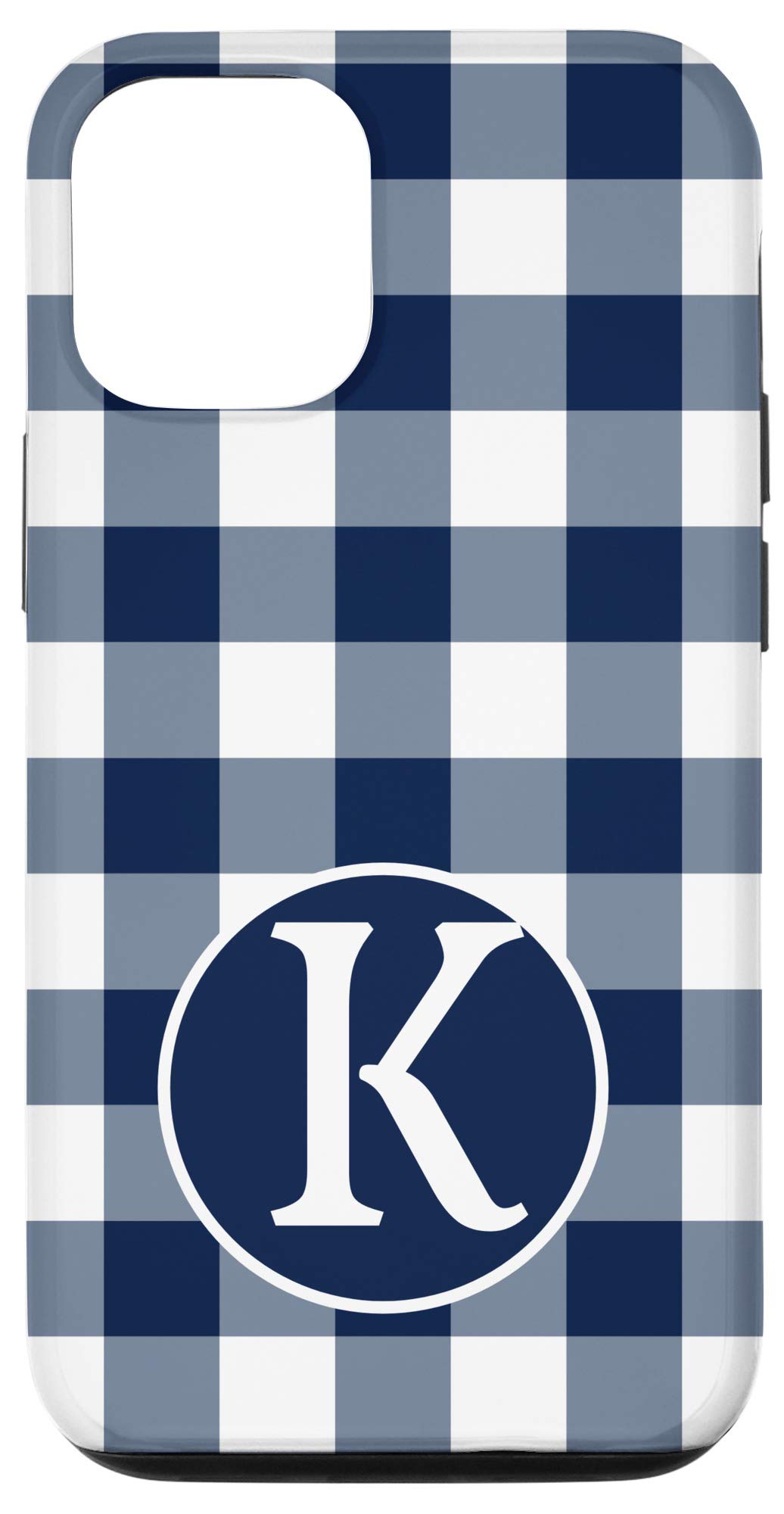 iPhone 12/12 Pro Case - Personalized Letter K Initial Design in Navy Blue & White Gingham Buffalo Plaid Pattern | Durable Protective Cover for Everyday Use, Work & Travel