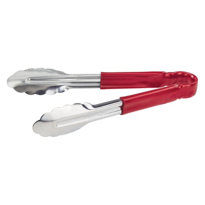 Winco 9-Inch Utility Tongs for Cold Food - Red Handle Stainless Steel Kitchen Tongs - Perfect for Salads, BBQ, Buffets & Food Service (UT 9HP R)