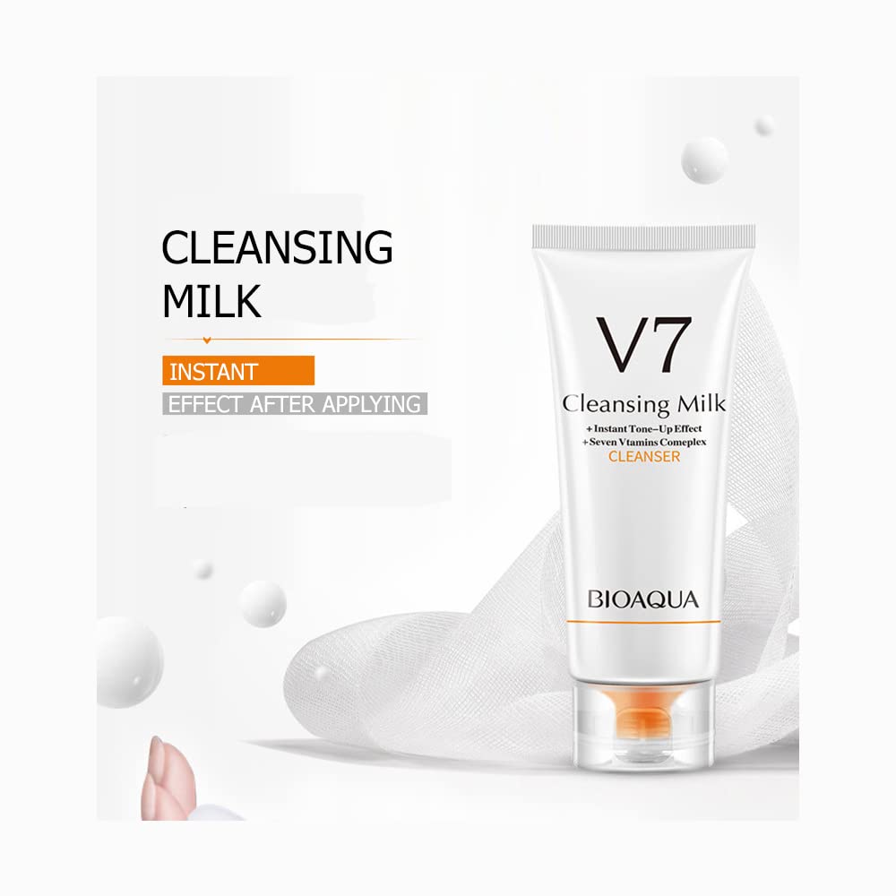 BIOAQUA V7 Deep Hydration Facial Cleanser - 100g/3.53oz Moisturizing Milk Cleanser with 7 Vitamins for Smooth Skin | Gentle Daily Face Wash for Dry & Sensitive Skin | Perfect for Morning & Night Skincare Routine