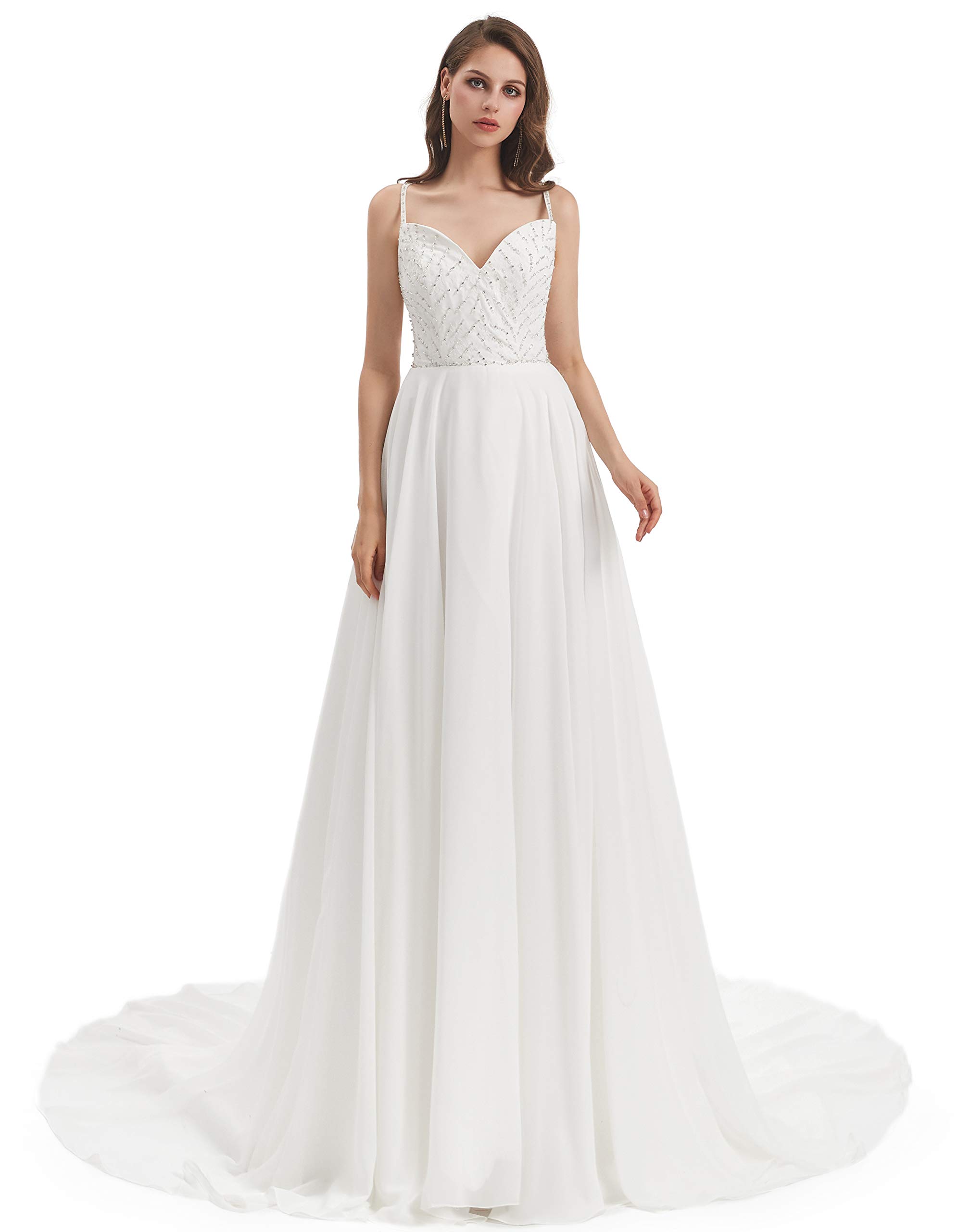Elegant Women's A-Line Spaghetti Strap Beaded Sleeveless Wedding Dress for Beach Brides - Perfect for Destination Weddings, Beach Ceremonies & Summer Bridal Parties