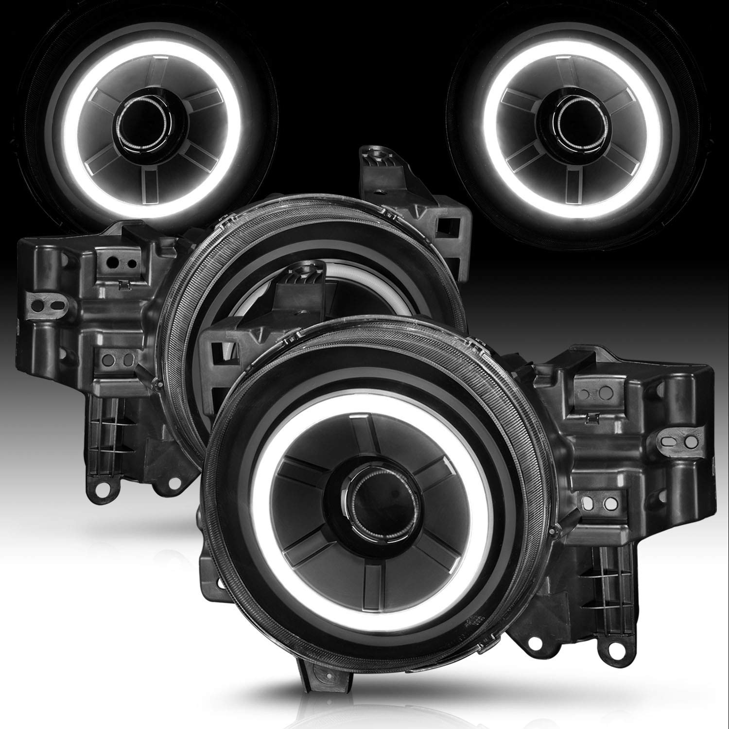 AmeriLite Black LED Projector Headlights with Halo Ring - Replacement for Toyota FJ Cruiser (Both Driver & Passenger Side) | Durable, Bright Lighting for Off-Road Adventures & Night Driving