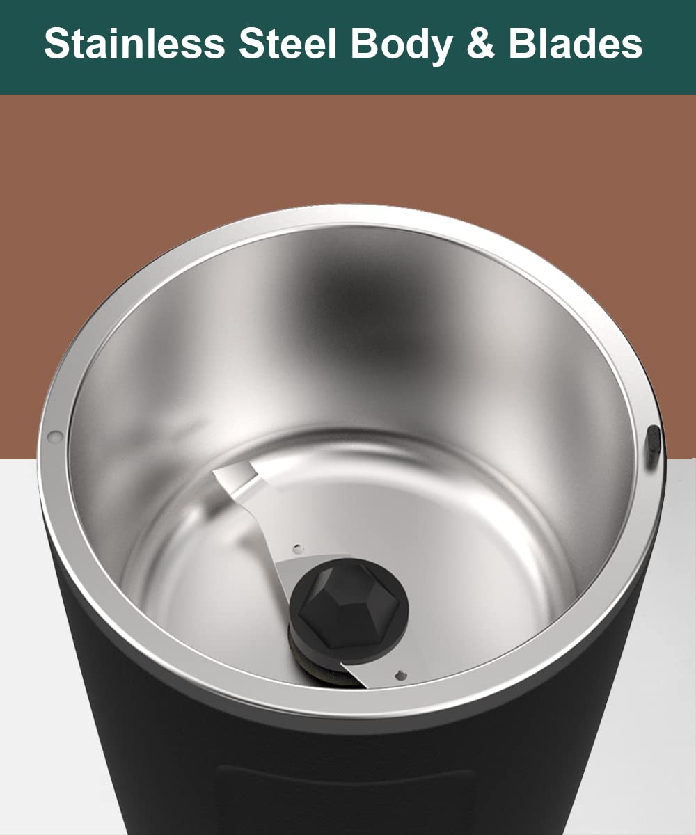 Premium Electric Coffee Grinder - One Touch Push Button Operation for Coffee Beans, Spices, Herbs, Nuts & Grains - Stainless Steel Blades (2oz Capacity) - Perfect for Home Kitchens, Coffee Shops & Camping Trips