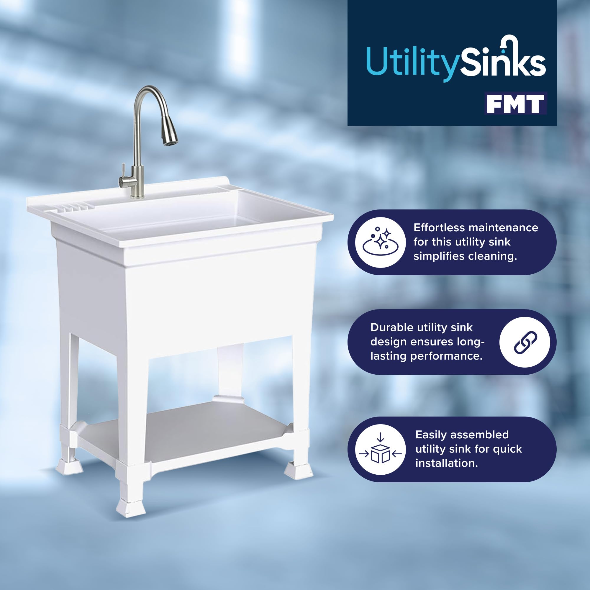 Heavy Duty 24x24 Inch Plastic Utility Sink - Freestanding Compact Laundry Tub for Workshop, Garage & Greenhouse - USA-Made White Utility Basin Perfect for Pet Washing Station, Outdoor Cleaning & DIY Projects
