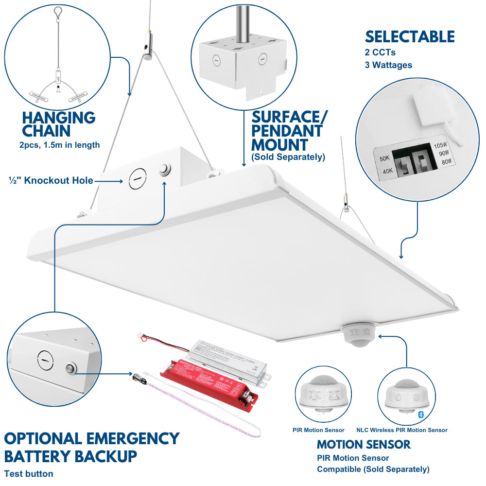 ALTA LED Low Bay Light 2FT - 105W/90W/80W, 16,500 Lumens, 5000K/4000K Selectable, 120-277V, 250W Equivalent - High Efficiency Warehouse Lighting for Industrial, Commercial & Garage Use