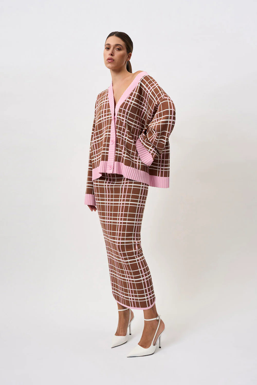 Carolina Check Knit Ankle Skirt - Brown & Pink Plaid Pattern for Women | Casual & Office Wear | Perfect for Fall & Winter Outfits