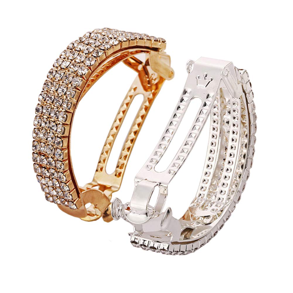 2Pcs Elegant Rhinestone Hair Clips - Sparkly Semicircle Metal Spring Ponytail Holders for Women & Teens (Silver & Gold) | Perfect for Weddings, Parties & Daily Hair Accessories