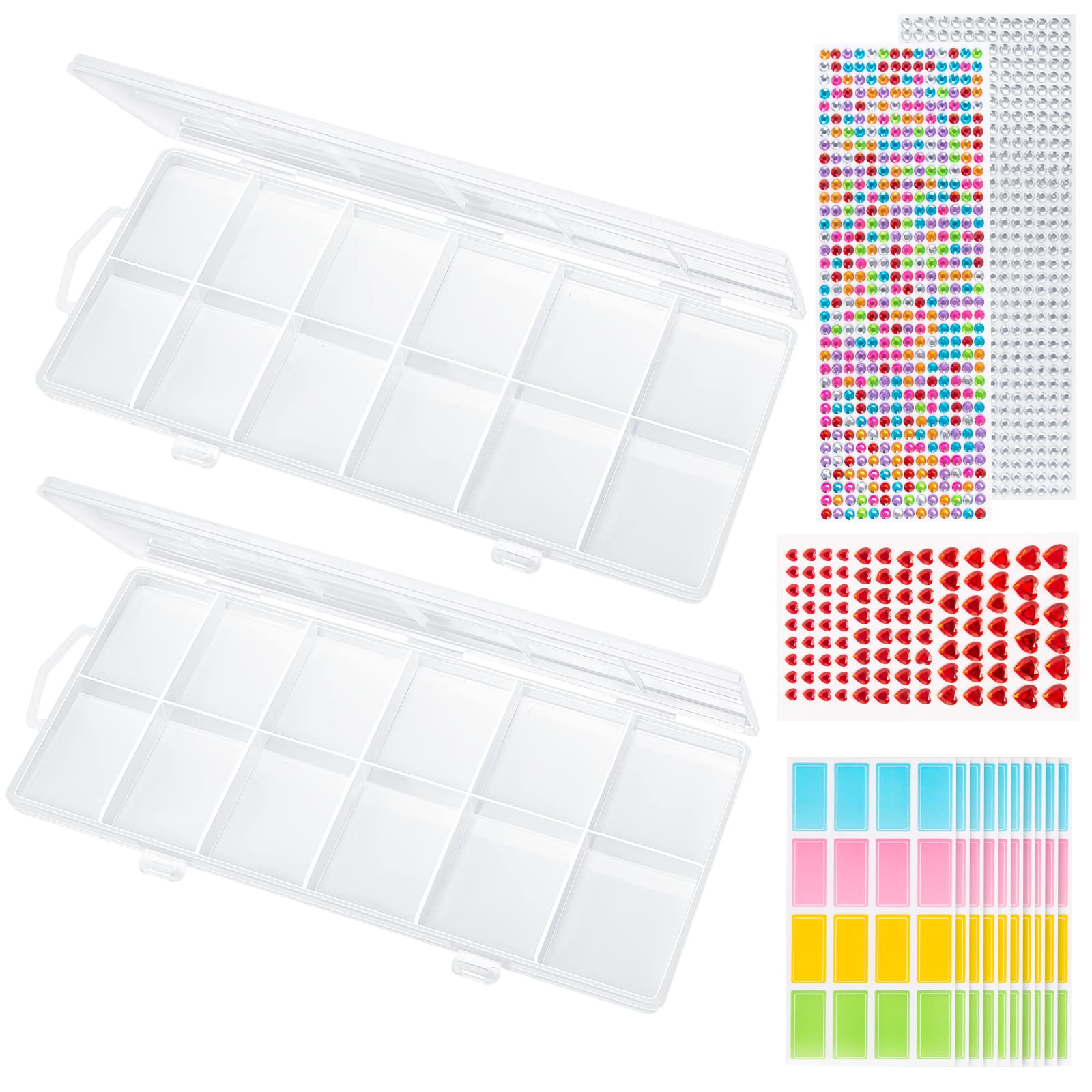 Geisofu 2-Pack Plastic Organizer Box with 12 Compartments - DIY Craft Storage Containers, Jewelry Organizer & Fishing Tackle Box - Includes 10 Label Stickers & 3 Self-Adhesive Rhinestone Sheets - Perfect for Beading, Scrapbooking & Small Parts Organization