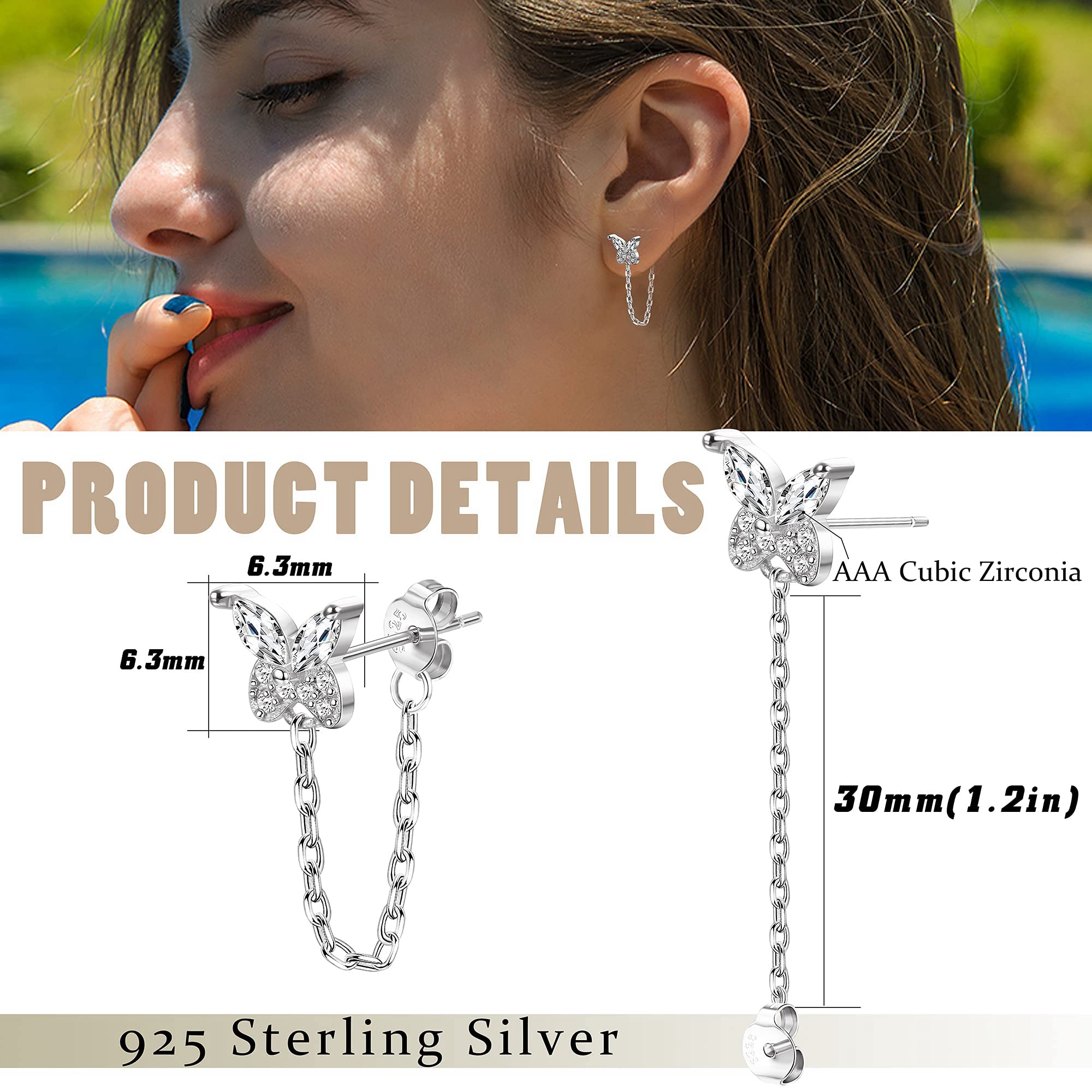 925 Sterling Silver Stud Earrings for Women - Cubic Zirconia Cartilage Chain Butterfly Heart Dangle Earrings | Minimalist Jewelry for Christmas, Anniversary & Birthday Gifts | Perfect for Parties, Dating & Everyday Wear
