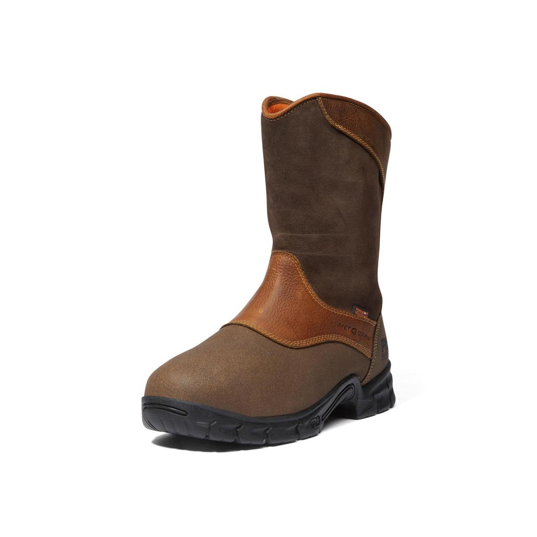 Excave Steel Toe Waterproof Pull-On Work Boots for Men - ANSI Safety Toe & Metatarsal Guard - Slip Resistant Brown Work Shoes for Construction, Warehouse & Industrial Use