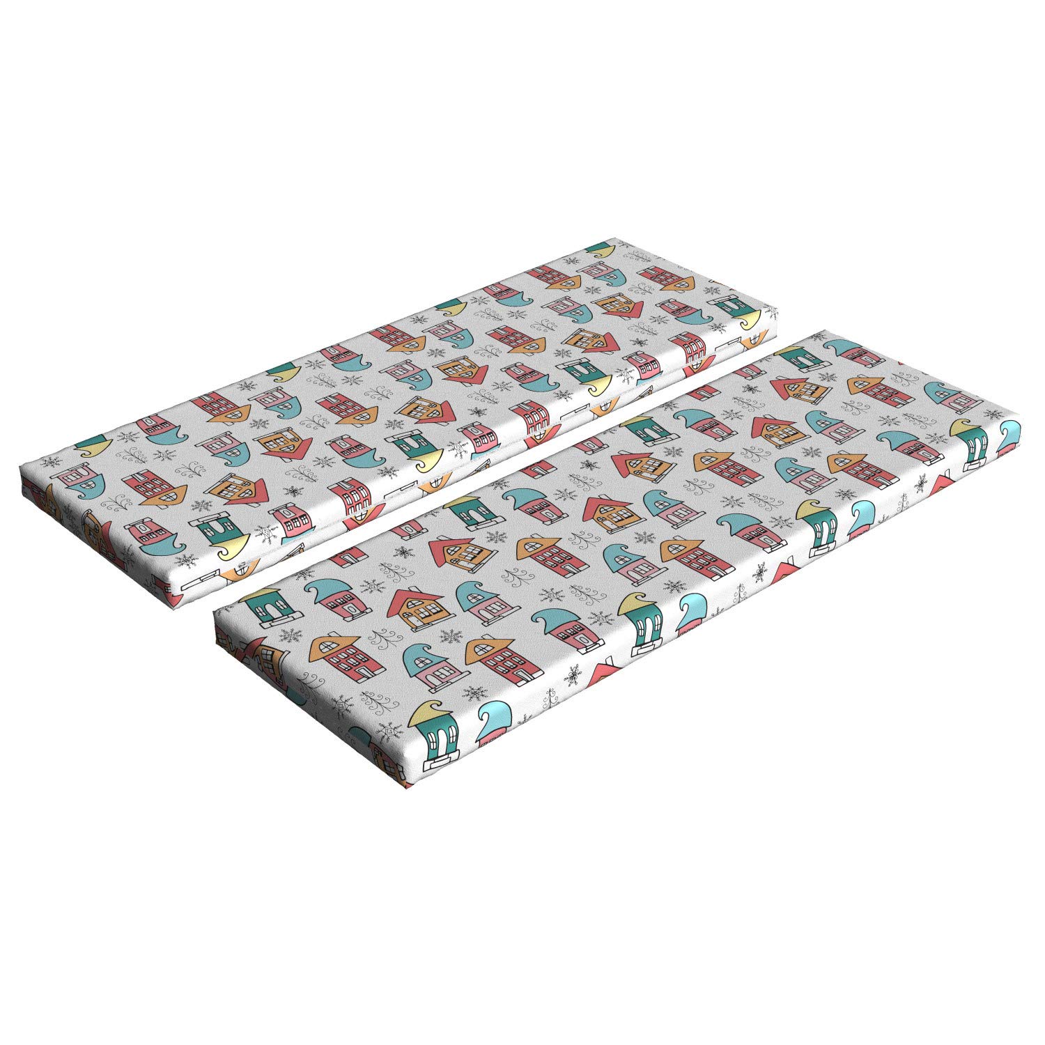 Ambesonne Christmas Bench Cushion Set of 2 - Holiday Themed Elf Houses, Doodle Trees & Snowflakes Design - 45