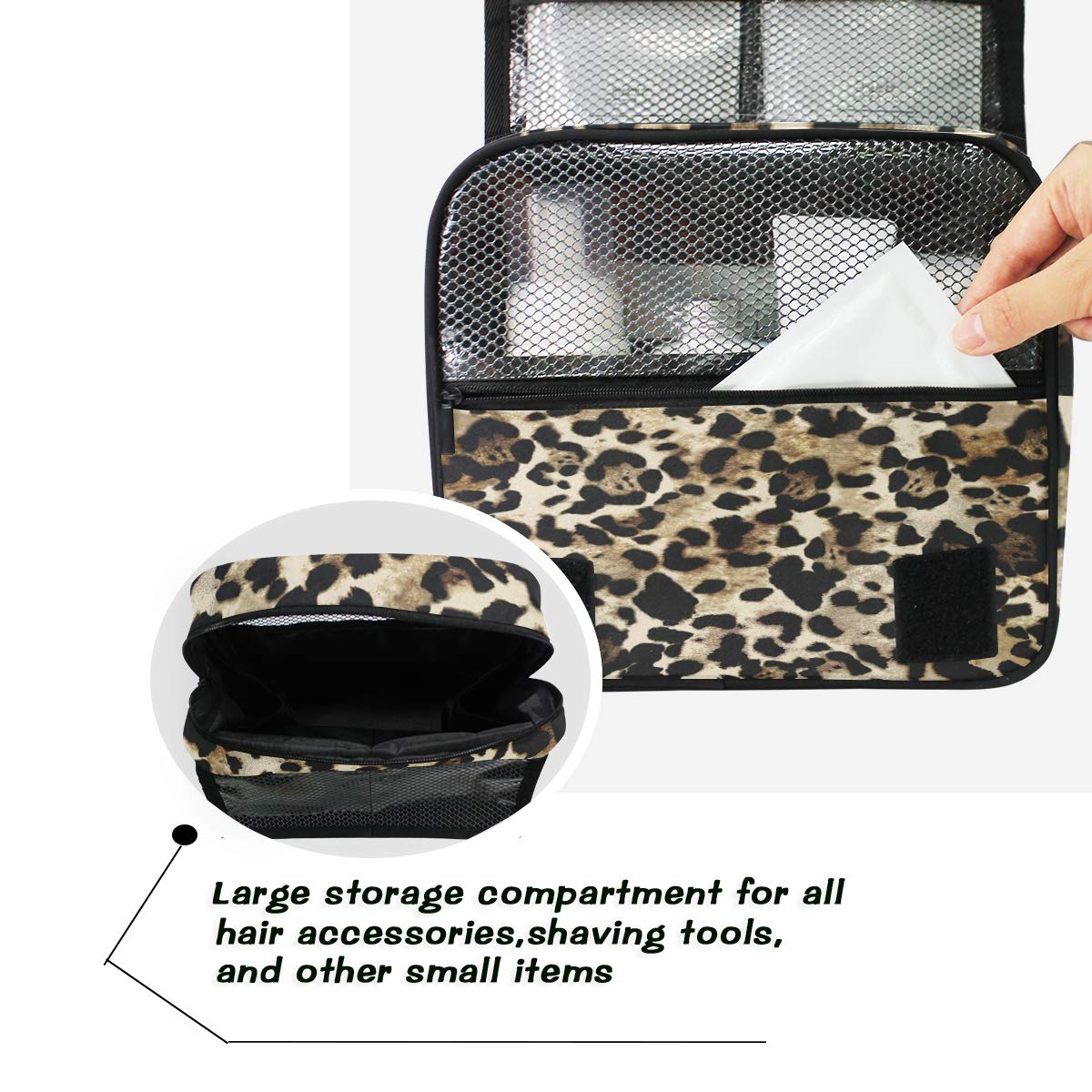 AUUXVA Leopard Print Travel Toiletry Bag - Hanging Cosmetic Organizer with Zipper Pockets for Women & Men | Portable Makeup Wash Bag for Vacation, Gym, Camping & Business Trips