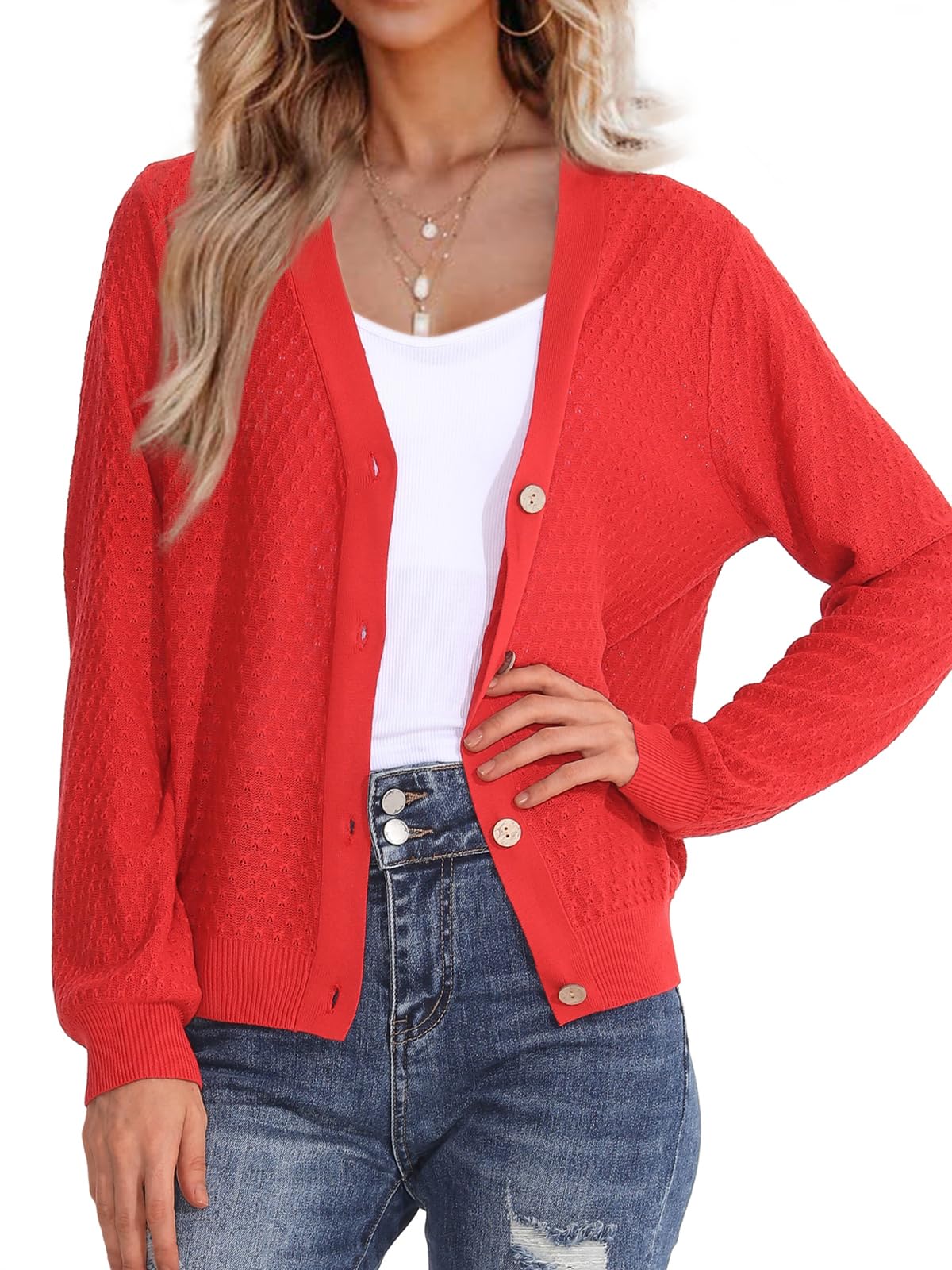 Women's Lightweight Waffle Knit Button Down Cardigan Sweater - Long Sleeve V Neck Casual Pullover for Work, Office & Everyday Wear