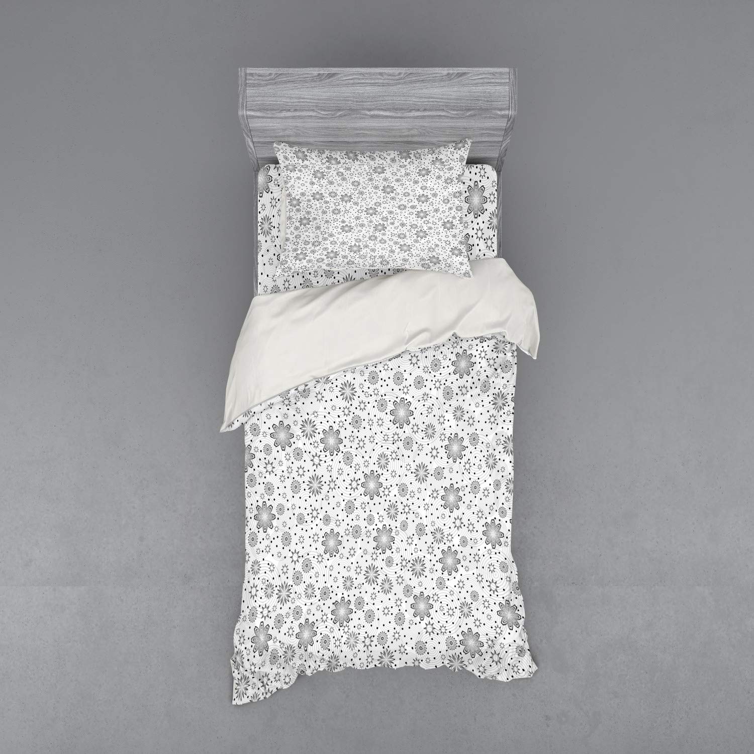 Ambesonne Grey Duvet Cover Set - Floral Rotary Rings & Dot Design, 3-Piece Twin XL Bedding Set with Sham & Fitted Sheet | Modern Botanical Print for Bedroom Decor, Guest Room & Dorm Essentials