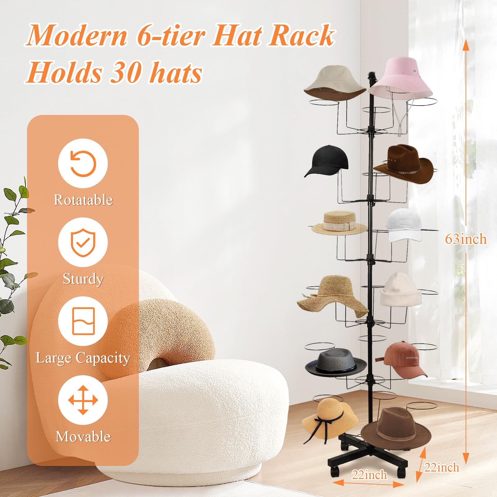 6-Tier Metal Hat Rack Stand with 30 Hooks - Freestanding Rotating Display for Hats, Wigs & Accessories | Modern Retail Store & Home Closet Organization Solution
