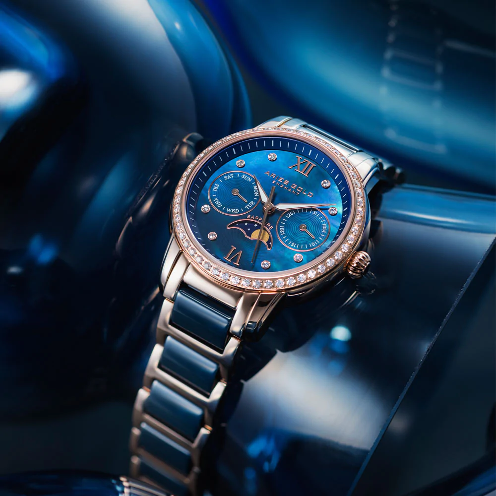 ARIES GOLD ENCHANT LUNA Rose Gold Stainless Steel Women's Watch with Blue Ceramic Bezel - Elegant Dress Watch for Women, Perfect for Office, Party & Special Occasions