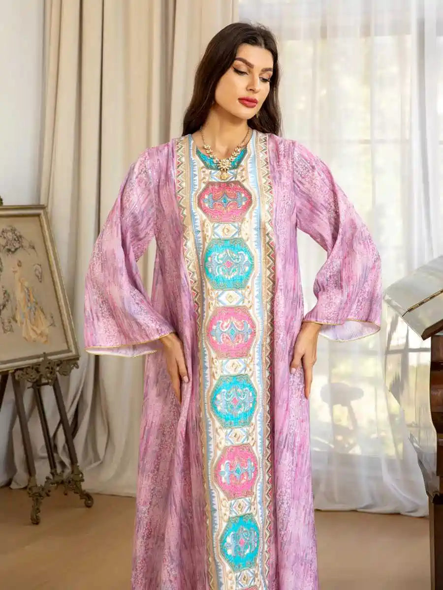 Elegant Eid Dress with Embroidery & Printed Floral Design - Long Caftan Kaftan Dress for Women #25426 | Perfect for Eid Celebrations, Weddings & Special Occasions