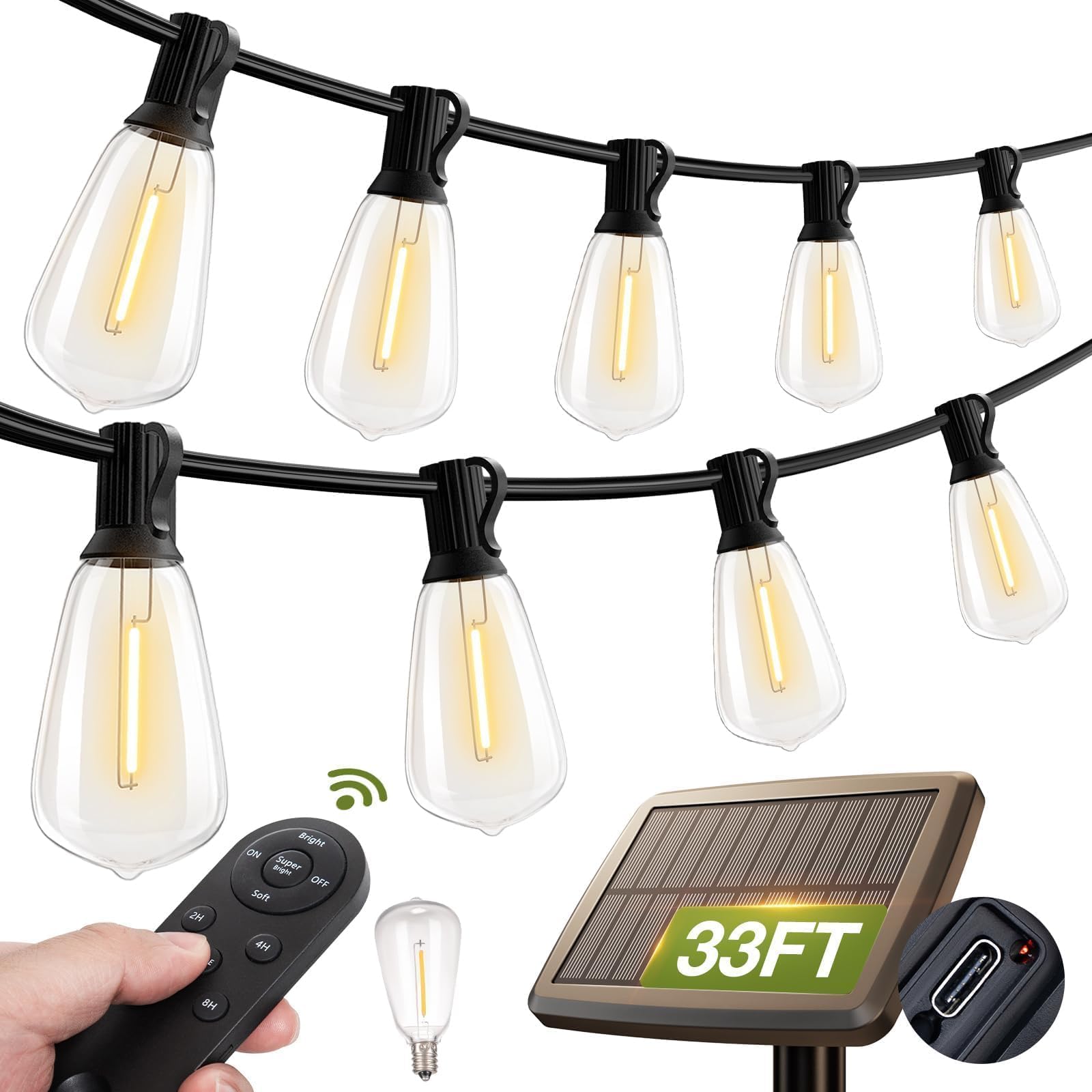 Addlon 33FT Solar String Lights Waterproof - 10+1 LED Shatterproof Bulbs with Remote & USB Port, 3 Lighting Modes - Solar Powered Outdoor Lights for Patio, Garden, Backyard, Camping - Perfect for Evening Gatherings and Romantic Ambiance