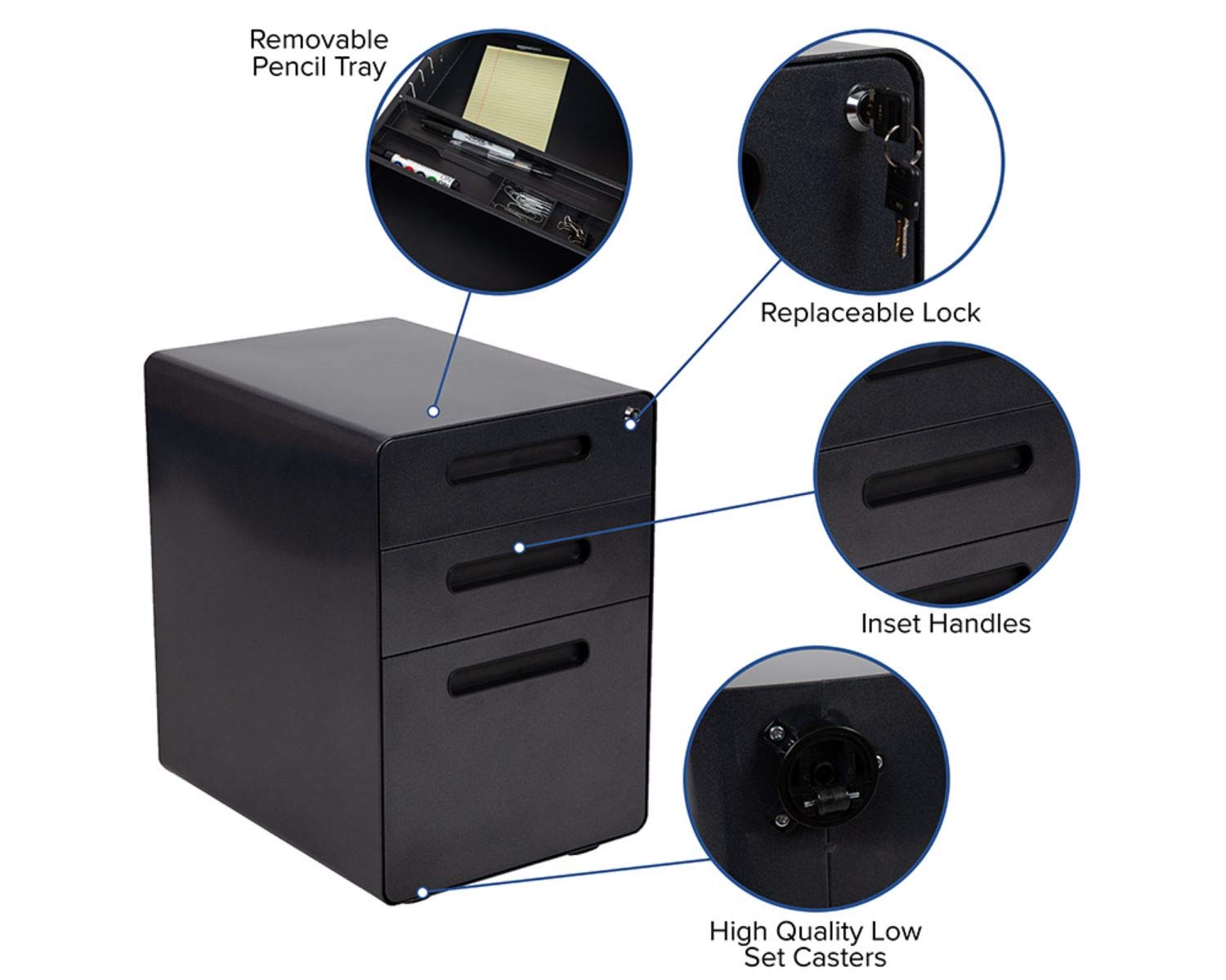 Flash Furniture Wren Ergonomic 3-Drawer Mobile Locking File Cabinet with Anti-Tilt Mechanism & Hanging Drawer - Legal & Letter Size File Storage - Ideal for Office, Home Office, and Workspace Organization (Black)