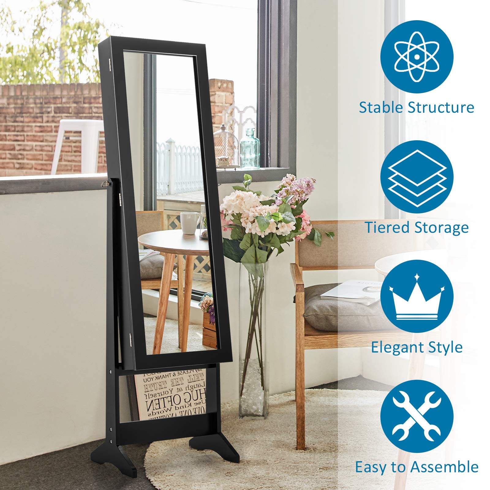 GOFLAME Jewelry Cabinet Organizer with Full Length Mirror Door - Freestanding Makeup Mirror Storage with Large Capacity for Necklaces, Rings & Accessories - Perfect for Bedroom, Closet & Dressing Room (Black)