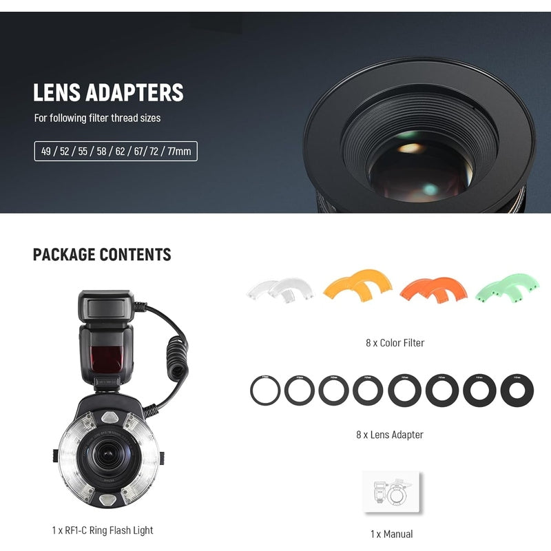 Neewer RF1 Macro Ring Flash for Canon Nikon Sony DSLR Cameras - Perfect for Close-Up Photography, Jewelry & Product Shots