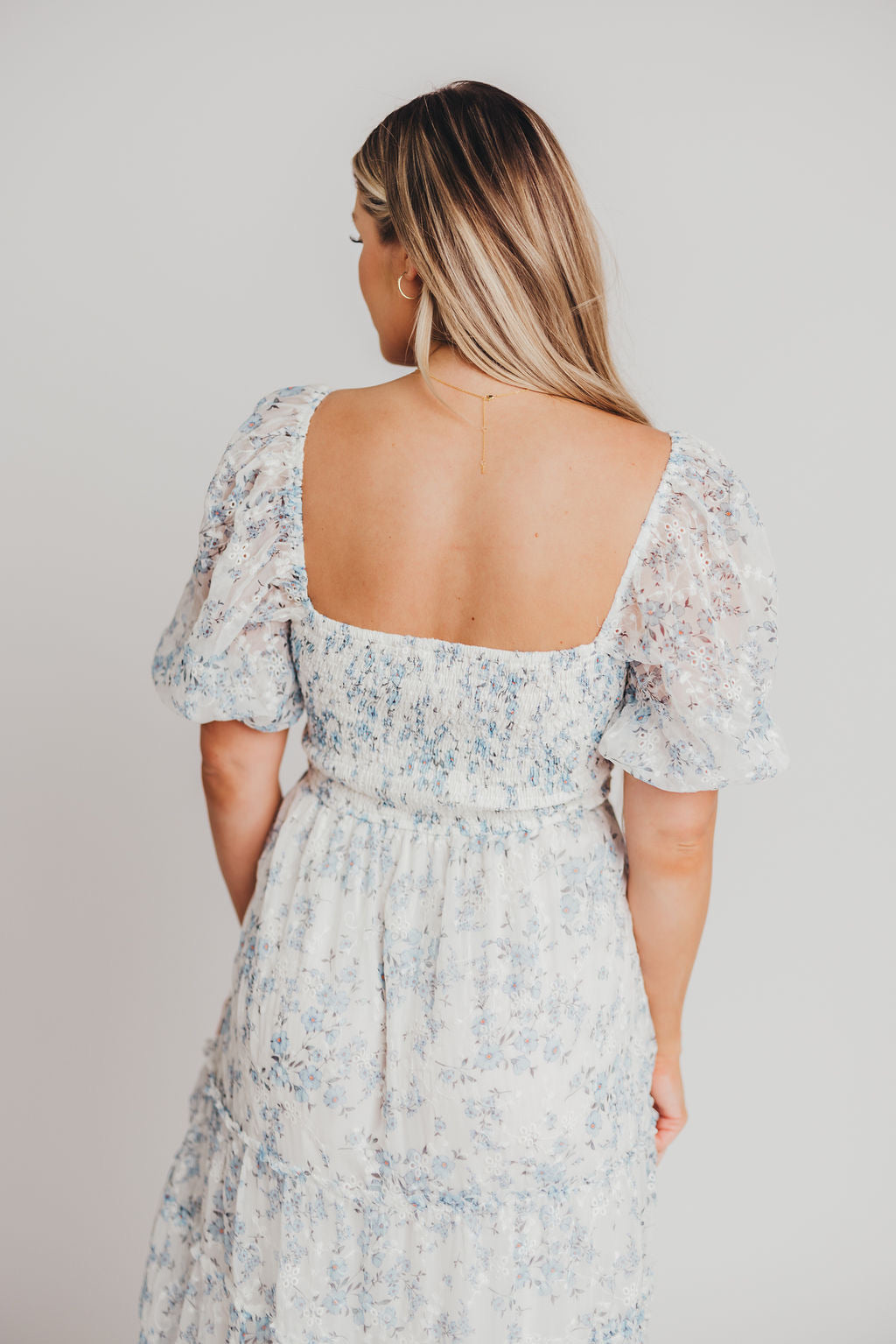 Blue and White Floral Daphne High Slit Eyelet Detail Maxi Dress - Plus Size & Inclusive Sizing - Perfect for Beach Vacations, Summer Parties & Boho Weddings
