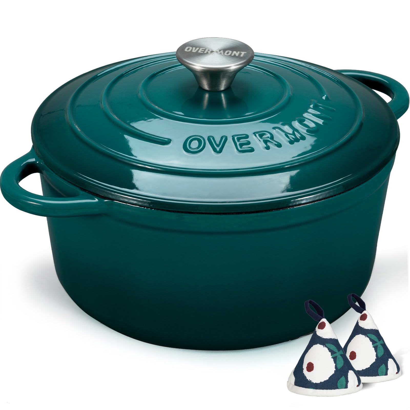 Overmont 4.5QT Enameled Cast Iron Dutch Oven with Lid - Heavy Duty Cookware for Braising, Stewing, Roasting & Bread Baking - Includes Free Cookbook & Cotton Potholders - Perfect for Kitchen, Camping & Outdoor Cooking (Bottle Green)