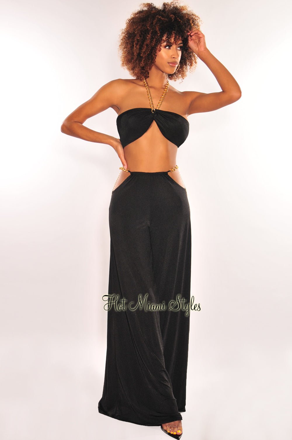 Stylish Black Gold Chain Halter Cut Out High Waist Palazzo Two Piece Set - Trendy Women's Summer Outfit for Beach, Party & Vacation