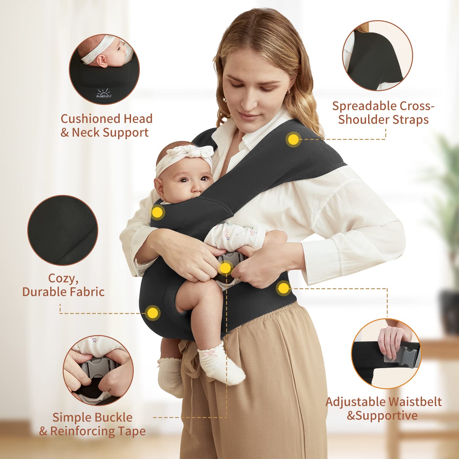 Momtory Adjustable Baby Carrier Wrap - Soft & Cozy Infant Sling with Hook & Loop Fastener for Newborns & Toddlers - Perfect for Hands-Free Parenting, Shopping & Outdoor Adventures (Black)