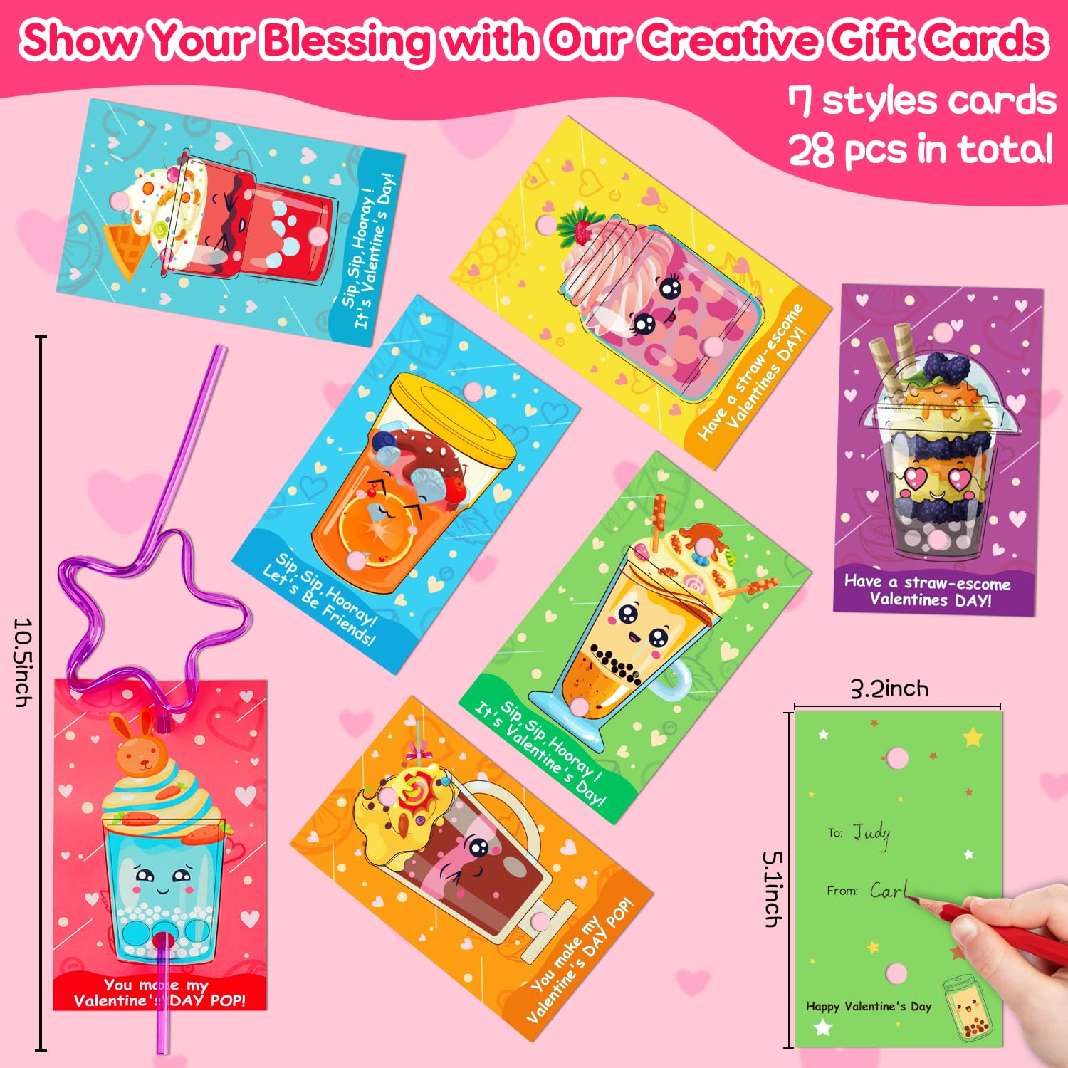 28 PCS Valentine's Day Cards for Kids with Crazy Loop Bendy Straws - Bulk Classroom Party Favors, School Exchange Cards, Prizes & Gifts for Boys & Girls | Perfect for Valentine's Parties, School Activities & Holiday Celebrations
