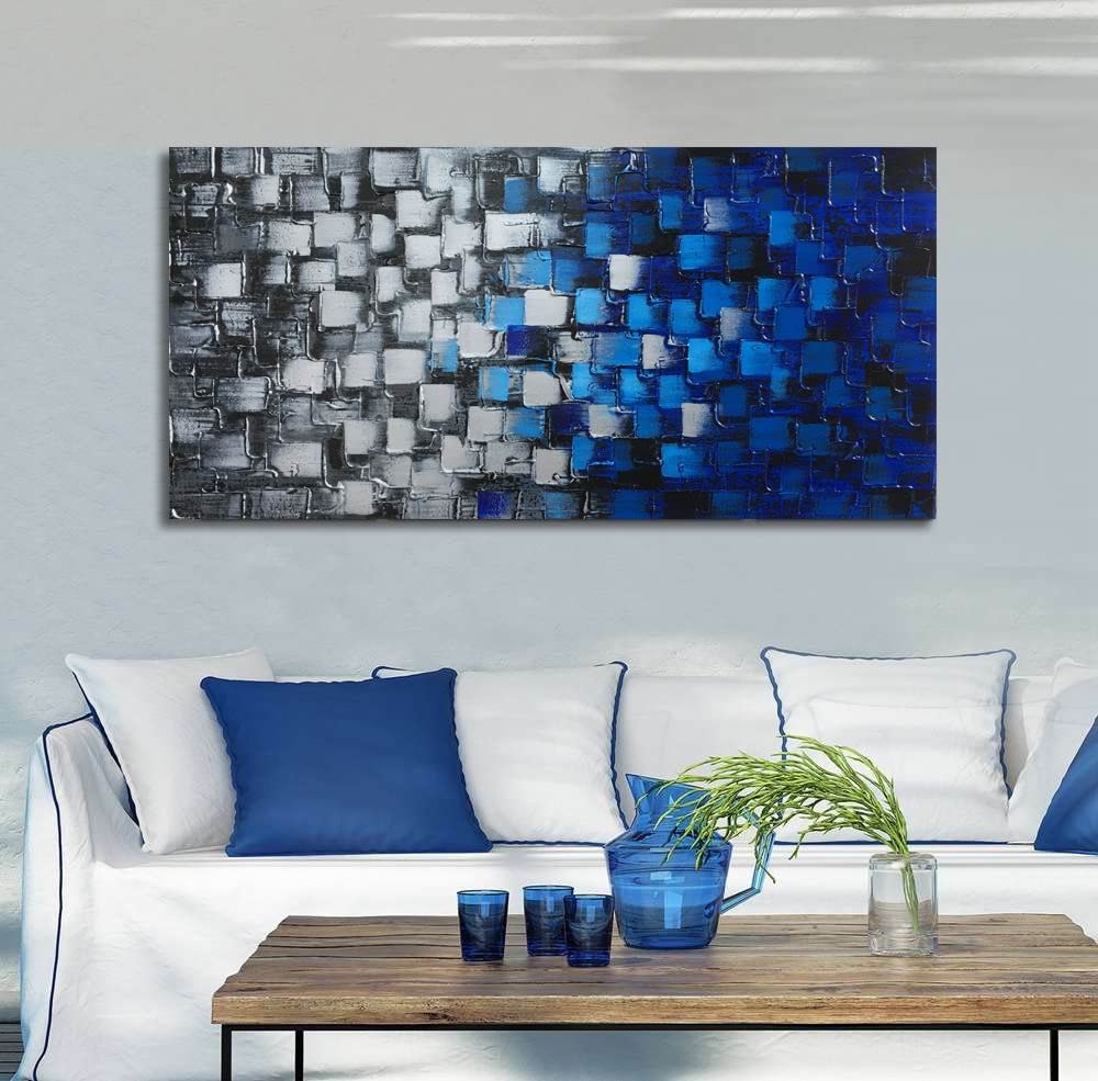 Large Textured Abstract Canvas Wall Art - Hand Painted Modern Dark Blue & Silver Squares Oil Painting - 60x30 Inch Framed Ready to Hang - Perfect for Living Room, Bedroom & Office Decor