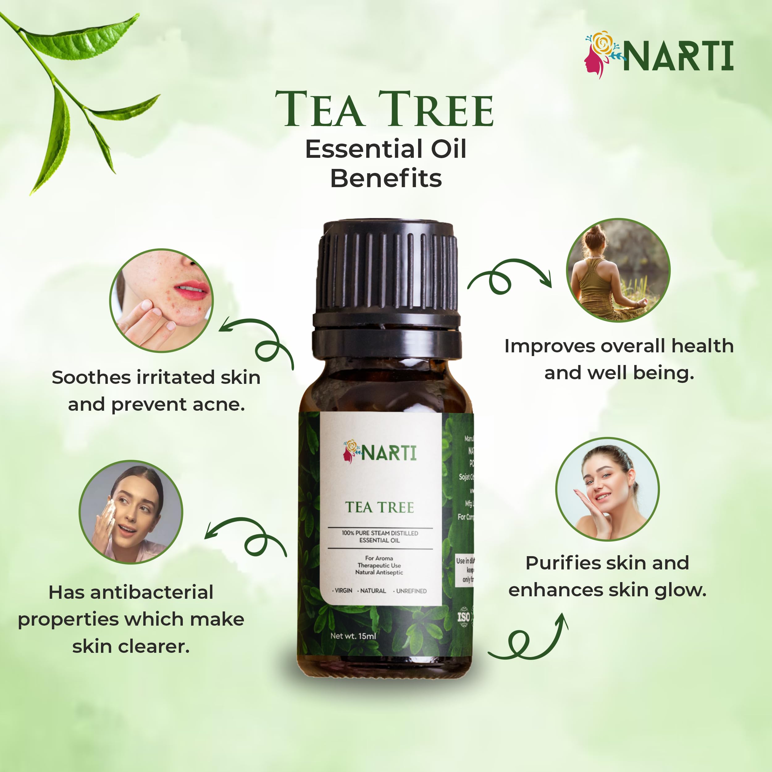 NARTI 100% Pure Tea Tree Essential Oil for Acne, Pimples & Scars - Natural Skin & Hair Care Treatment, Non-GMO, Synthetic-Free (30ml) - Perfect for DIY Beauty Recipes & Aromatherapy