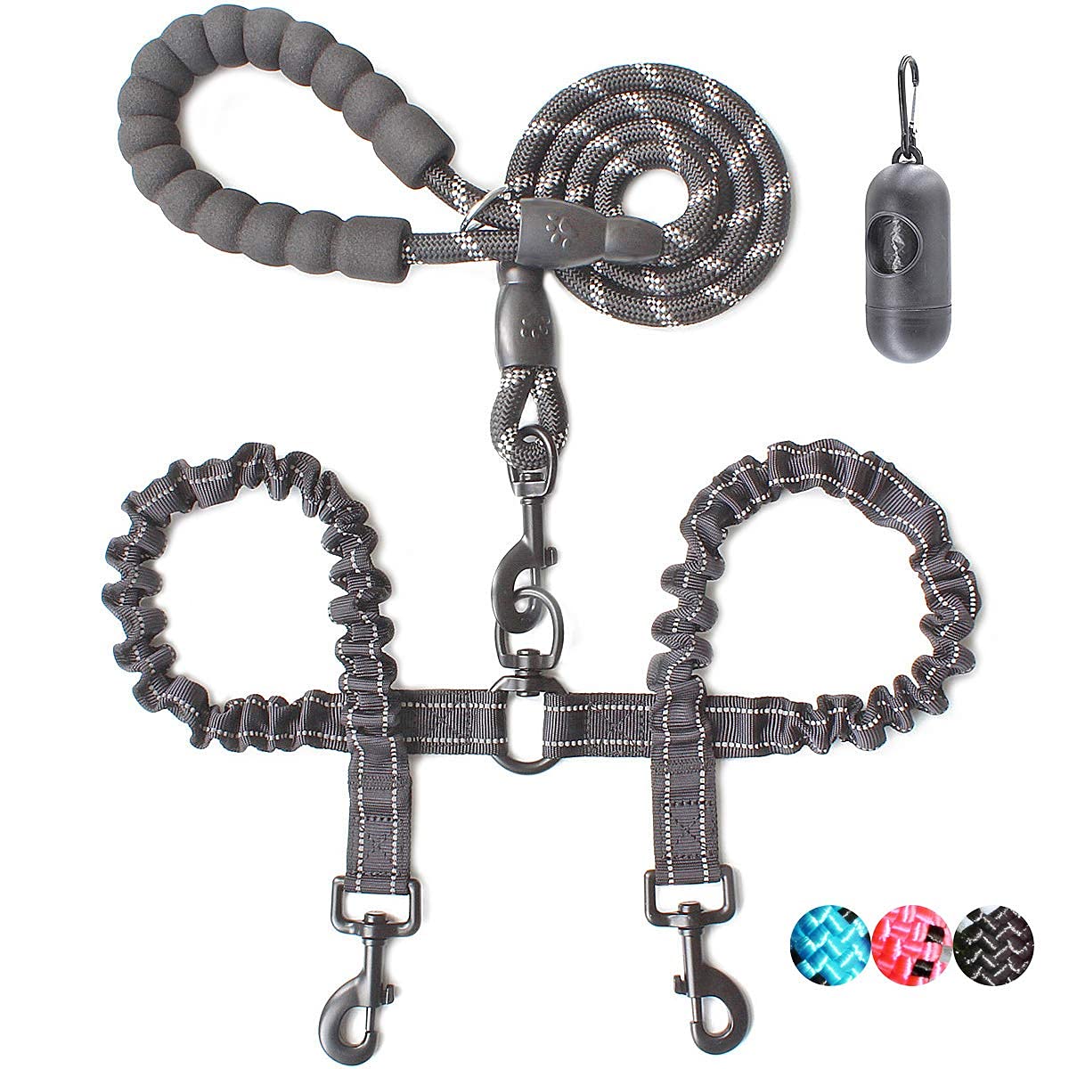 BAAPET 4 FT Double Dog Leash with Shock Absorbing Bungee & Poop Bags - Tangle Free Rope Leash for Small Medium Large Dogs (Small, Black) - Perfect for Walking, Training & Outdoor Adventures with Two Pets