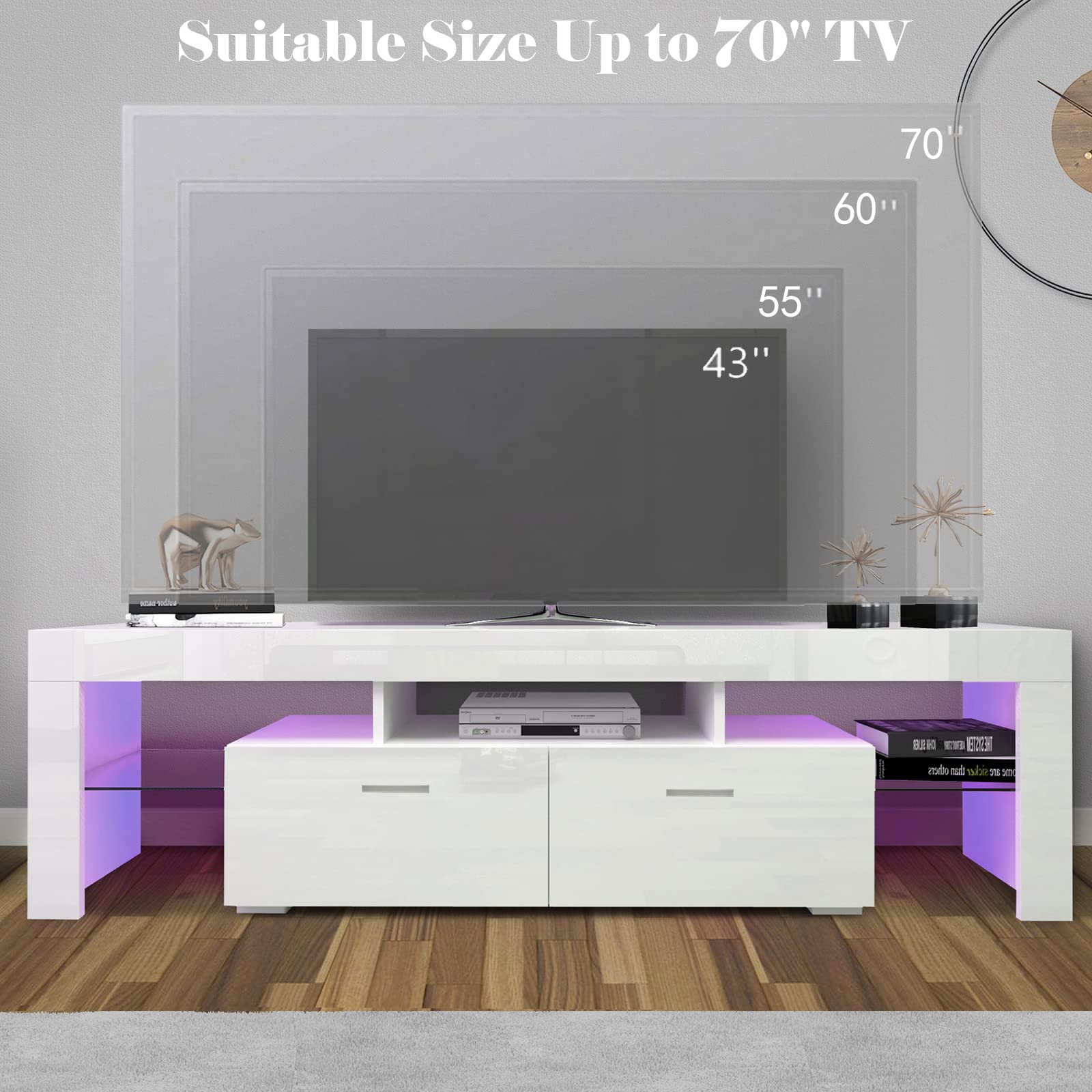 Modern LED TV Stand with 16-Color RGB Lighting - Media Storage Console with 2 Drawers for 70 Inch TVs - Living Room Entertainment Center for Gaming & Movie Nights