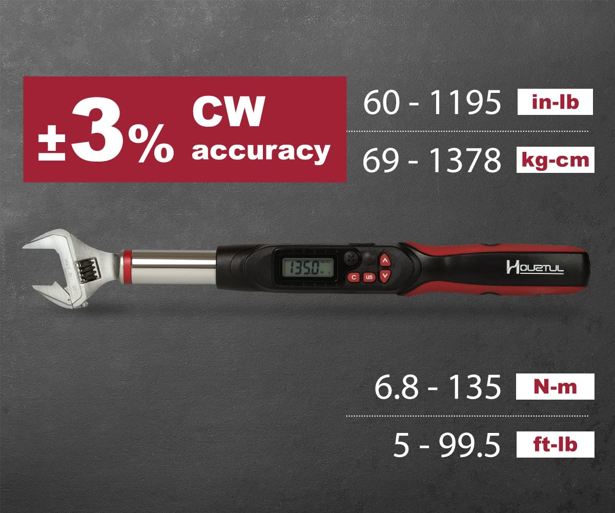 Professional Torque Wrench WEA08-135CN - 5-99.5 ft-lb Torque Range, 5-26mm Adjustable Jaw, Target Torque Setting with Buzzer & LED Alerts, Large LCD Display - Perfect for Automotive Repair, Bike Maintenance & Mechanical Engineering Projects