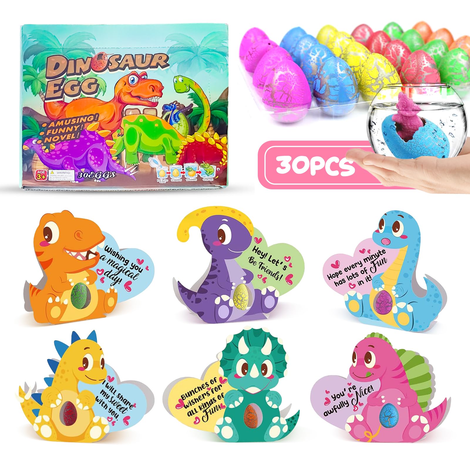 30 Pack Hatching Dinosaur Eggs Valentine's Day Cards for Kids - Fun Dino Toy Party Favors, Classroom Exchange Gifts for Boys & Girls - Perfect for School Valentine Parties, Birthday Treats & Easter Egg Hunts