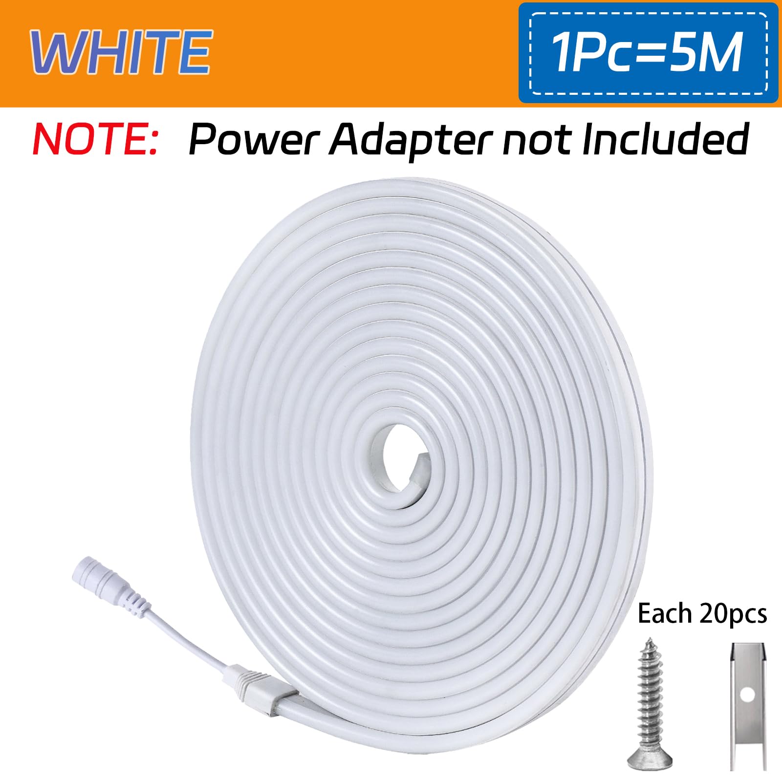 16.4FT Waterproof LED Neon Light Strip - 12V DC Flexible White Neon Rope Lights (5M) for Indoor & Outdoor Decor, Bedroom, Party, Bar, Wedding, Holiday Lighting [No Power Adapter Included]