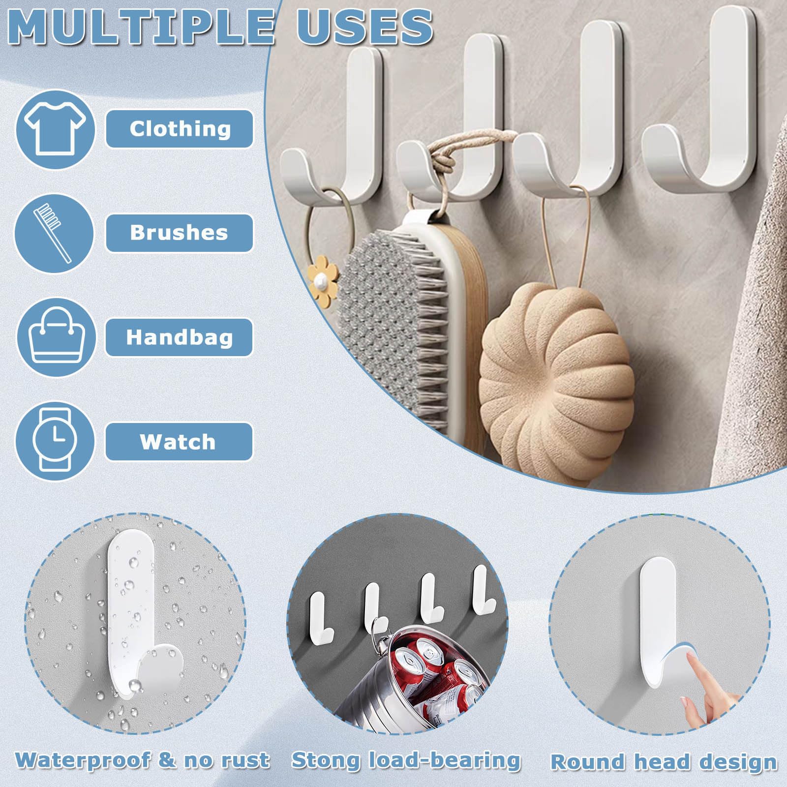 QMAHA Stainless Steel Adhesive Hooks - 12 Pack Self-Adhesive Wall Hooks for Bathroom, Kitchen, Towel Hanging, Strong Hold, White | Perfect for Organizing Home, Office & Dorm Rooms