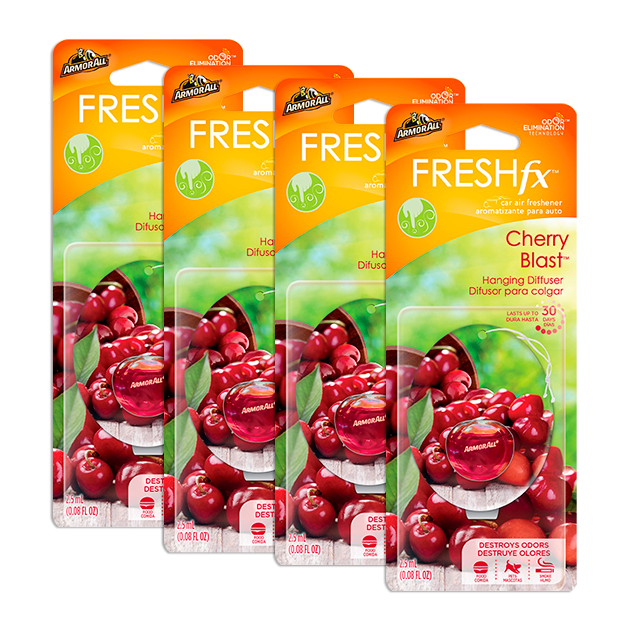 Armor All 18598-4PK FreshFX Car Air Freshener Hanging Diffuser - 4 Pack Cherry Blast Scent (0.8 fl oz Each) | Long-Lasting Fragrance for Cars, Trucks & SUVs | Eliminates Odors & Freshens Vehicle Interior