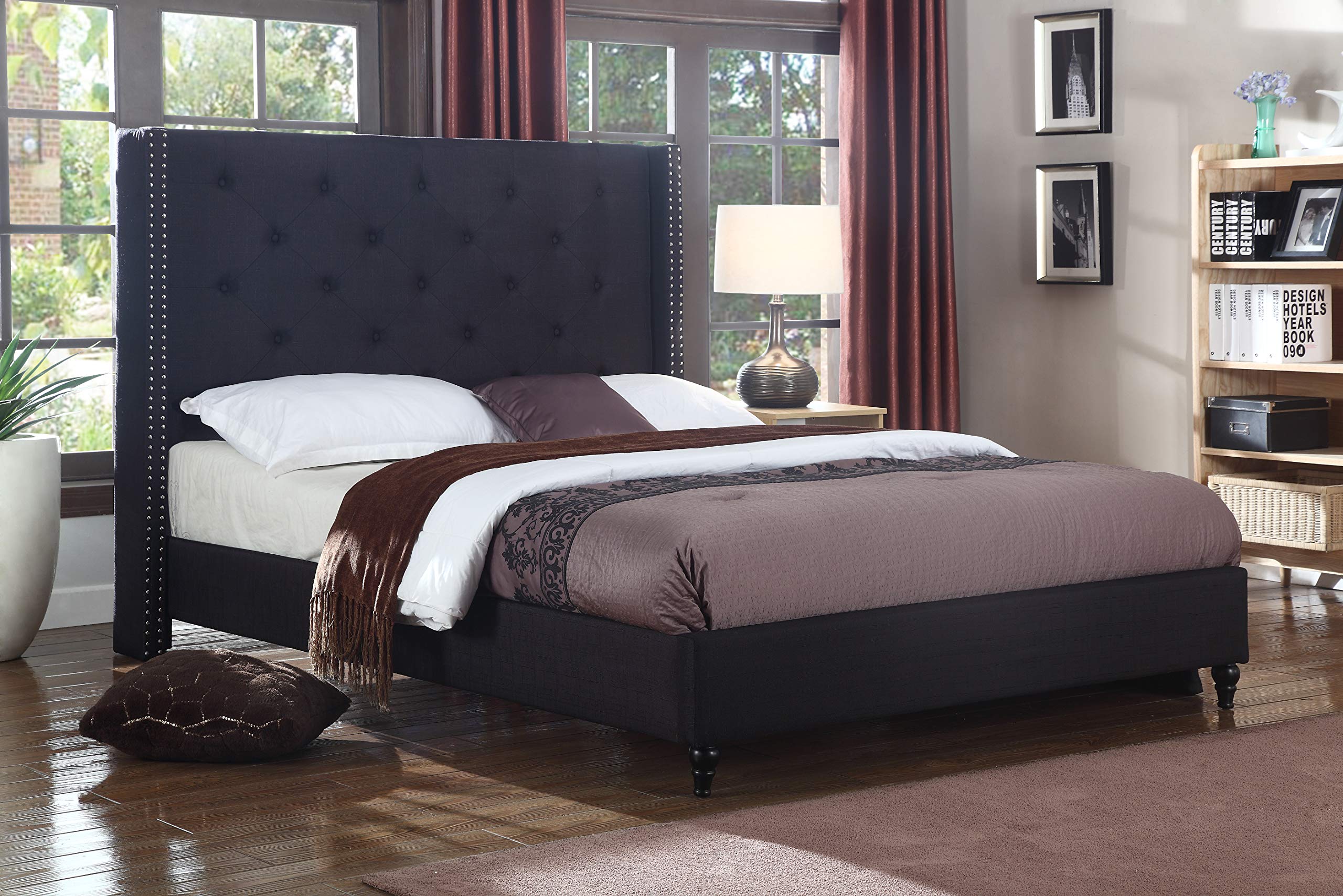 Best Master Furniture Vero Tufted Wingback Platform Bed Frame - Queen Size, Black Upholstered Bed with Wooden Slats - Perfect for Modern Bedrooms, Guest Rooms & Master Suites