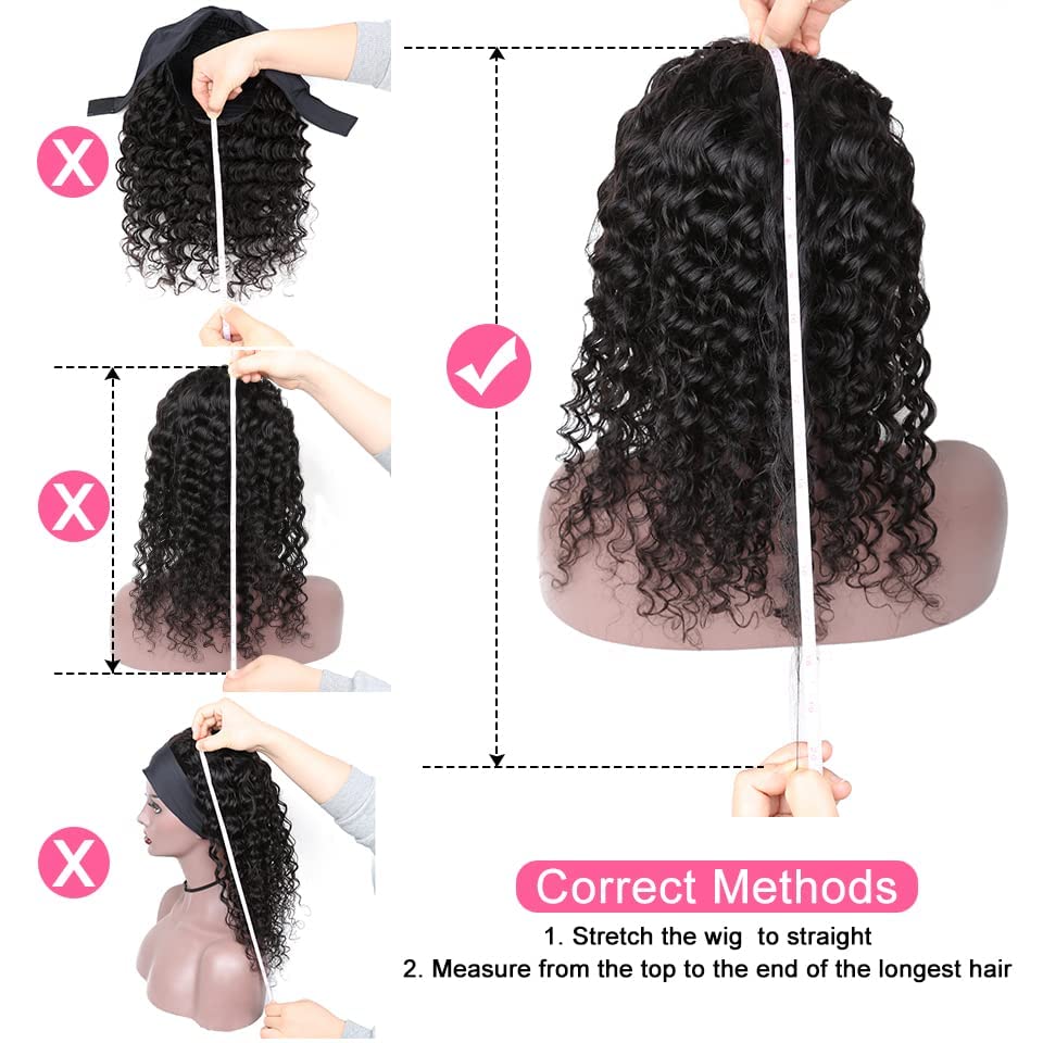 26 Inch Brazilian Human Hair Headband Wig - Deep Wave 150% Density Glueless Non Lace Front Machine Made Wig - Natural Black Women's Wet & Wavy Curly Half Wig for Daily Wear & Special Occasions