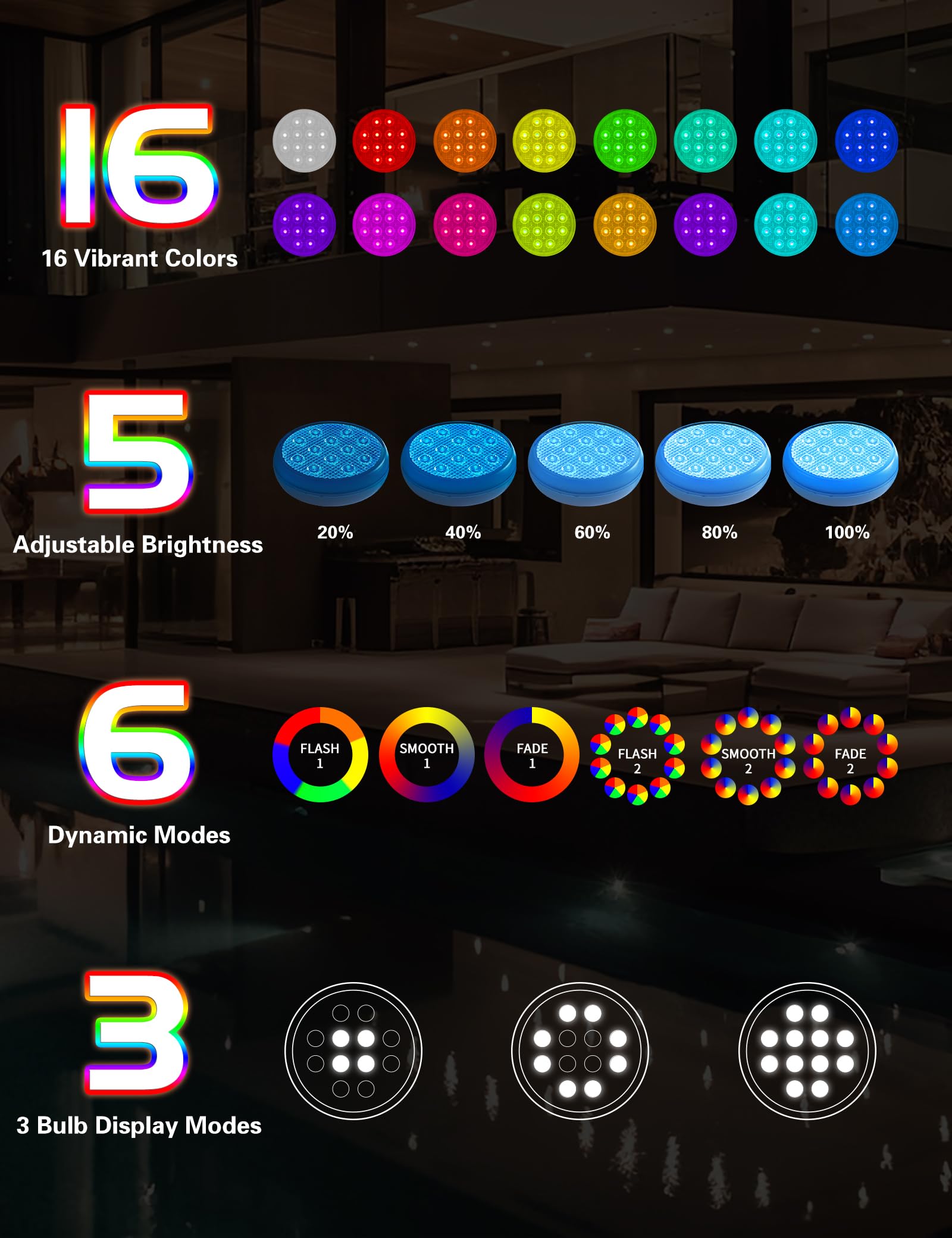 Submersible LED Pool Lights with Remote Control - 16 Color Changing Underwater Lights, IP68 Waterproof, Rechargeable Battery, Magnetic & Suction Cup Mounts - Perfect for Hot Tubs, Bathtubs, Aquariums & Outdoor Pools (6 Pack)