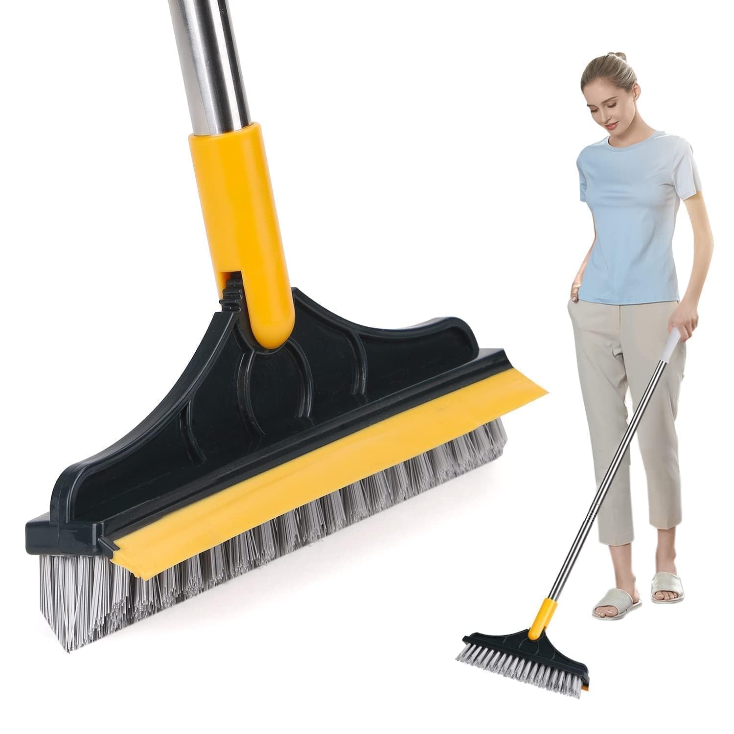 UPTRONIC 2 in 1 Bathroom Cleaning Brush with Wiper & Squeegee - Long Handle Tile Scrubber for Shower, Floor & Window Cleaning - Multi-Surface Scrub Brush with Squeezer (Green) - Perfect for Bathrooms, Kitchens & Glass Surfaces