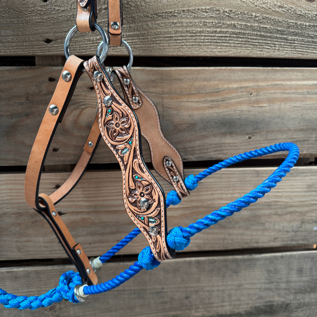 Blue Floral Tooled Leather Lariat & Halter Combo for Women - Perfect for Western Rides, Rodeos, and Cowgirl Fashion