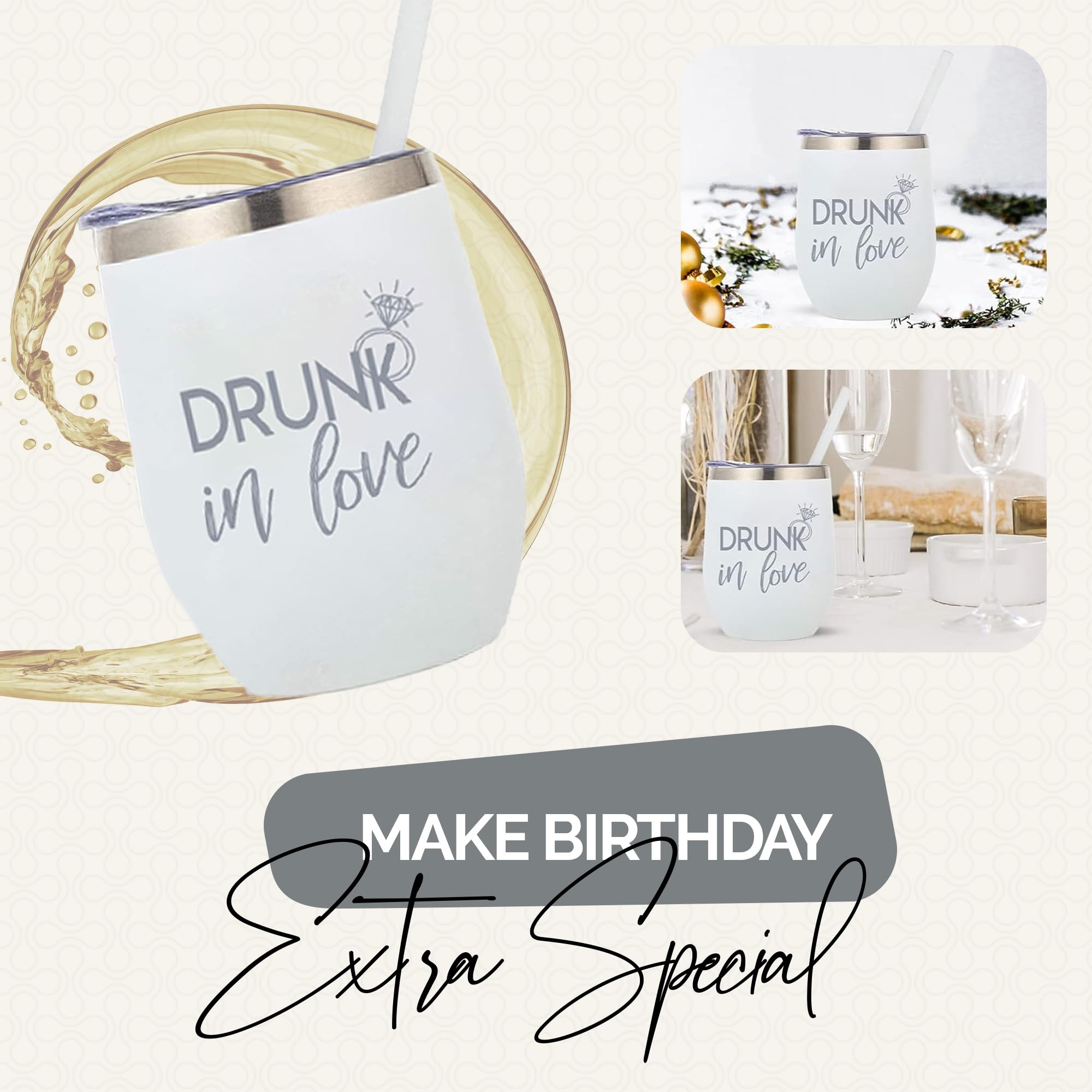 Drunk In Love Bride Stainless Steel Tumbler 12oz with Lid & Straw - Insulated Wine Cup for Engagement, Bachelorette & Wedding - Perfect Gift for Future Brides, Bridal Showers & Newlyweds - Great for Parties, Honeymoons & Romantic Celebrations
