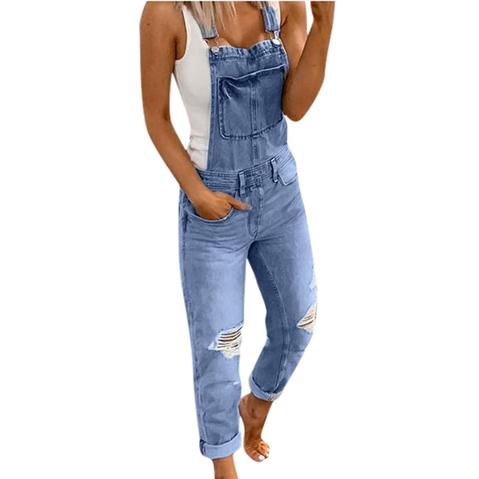 Vintage Ripped Denim Overalls for Women - Stretch Skinny Jumpsuit with Frayed Look - Streetwear Jeans Pants & Playsuit - Perfect for Casual Outings, Music Festivals, and Everyday Wear
