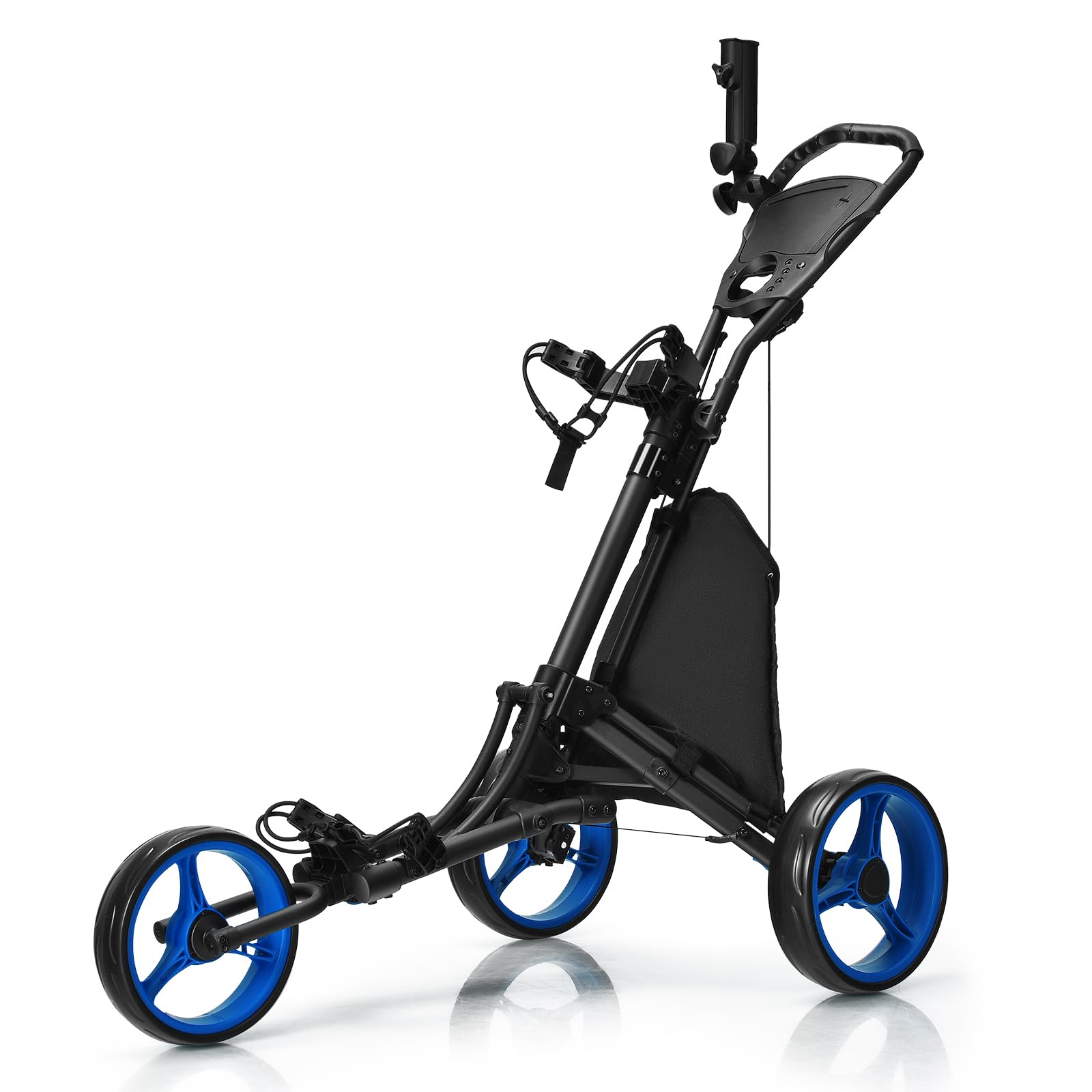 Tangkula Lightweight Aluminum 3-Wheel Golf Push Pull Cart - Collapsible Golf Trolley with Elastic Strap, Umbrella Holder, Cup Holder, Scoreboard Storage & Foot Brake | Perfect for Golf Course, Driving Range & Outdoor Practice