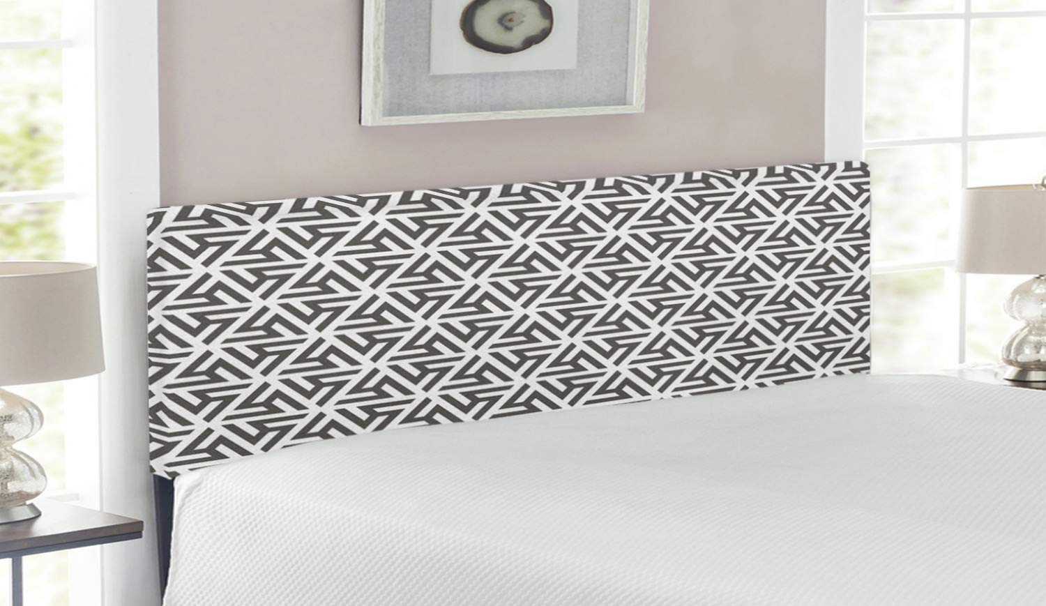 Ambesonne Modern Upholstered Headboard with Snowflake Geometric Design - Queen Size Memory Foam Bed Headboard in White & Army Green | Perfect for Contemporary Bedroom Decor